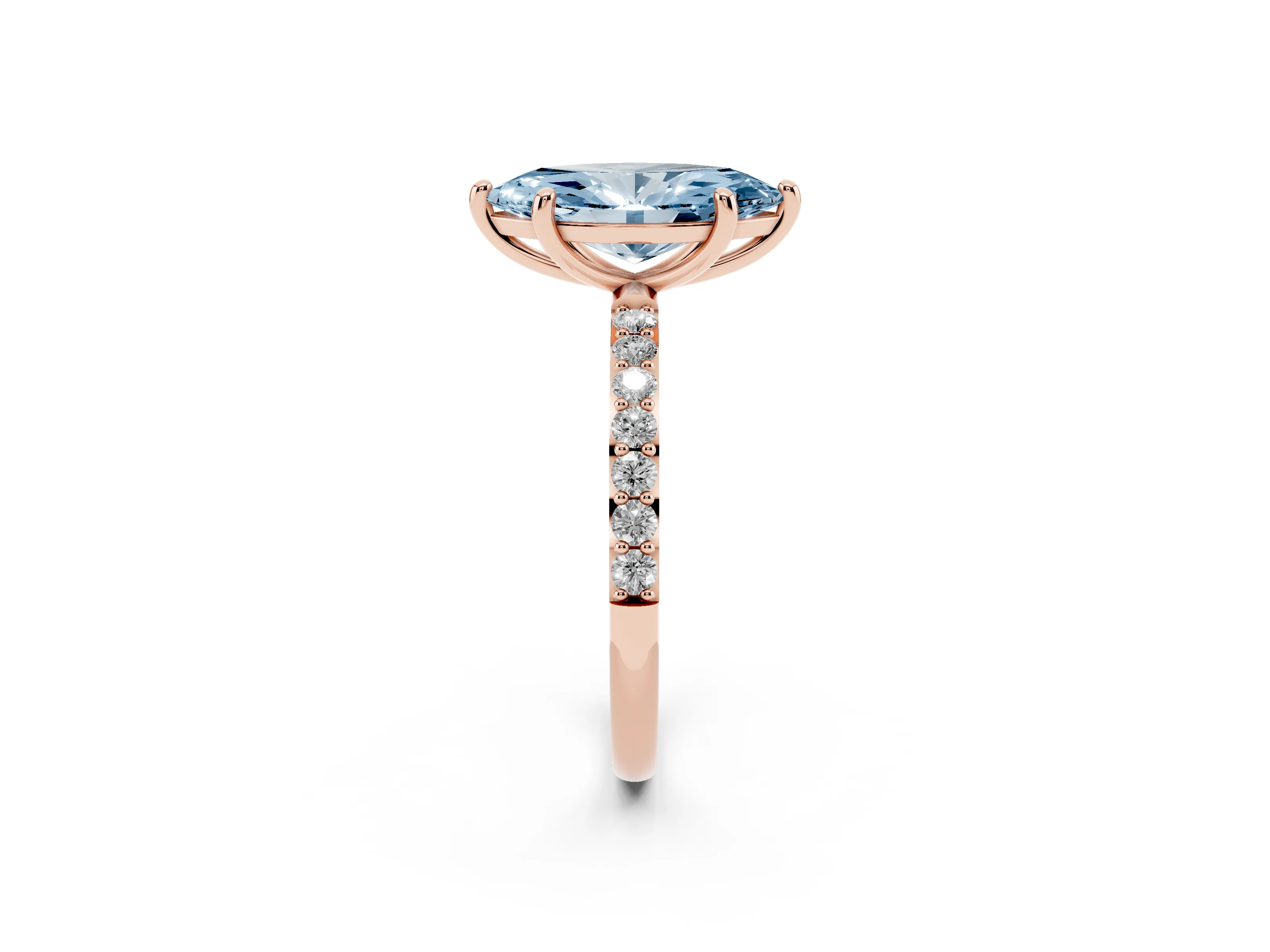 Fancy Blue Marquise Cut Diamond Solitaire Ring Set in Rose gold with Round Pavé Band and Prong Setting