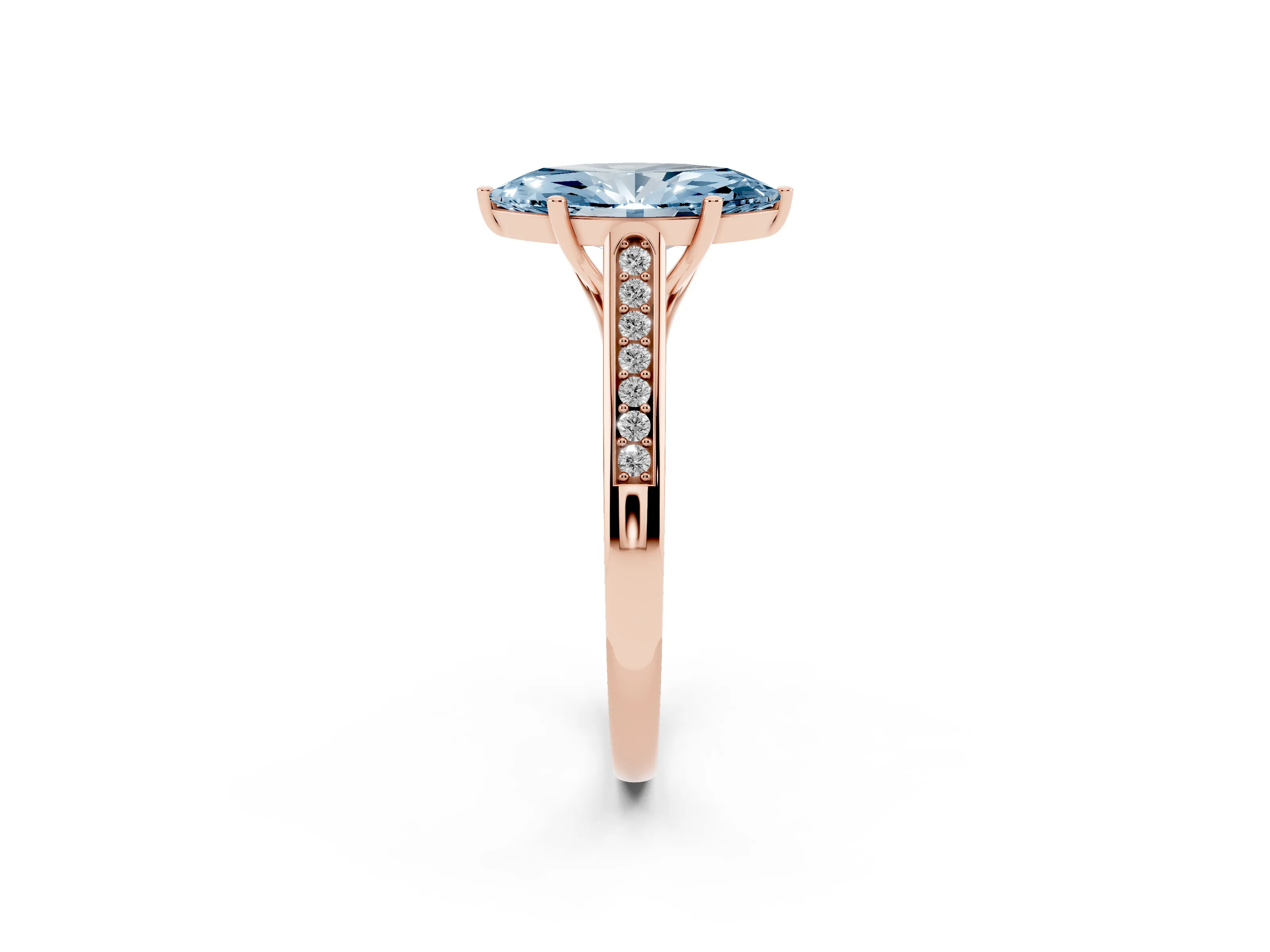 Fancy Blue Marquise Cut Diamond Solitaire Cathedral Engagement Ring Set in Rose gold with Channel-Set Band and Prong Setting