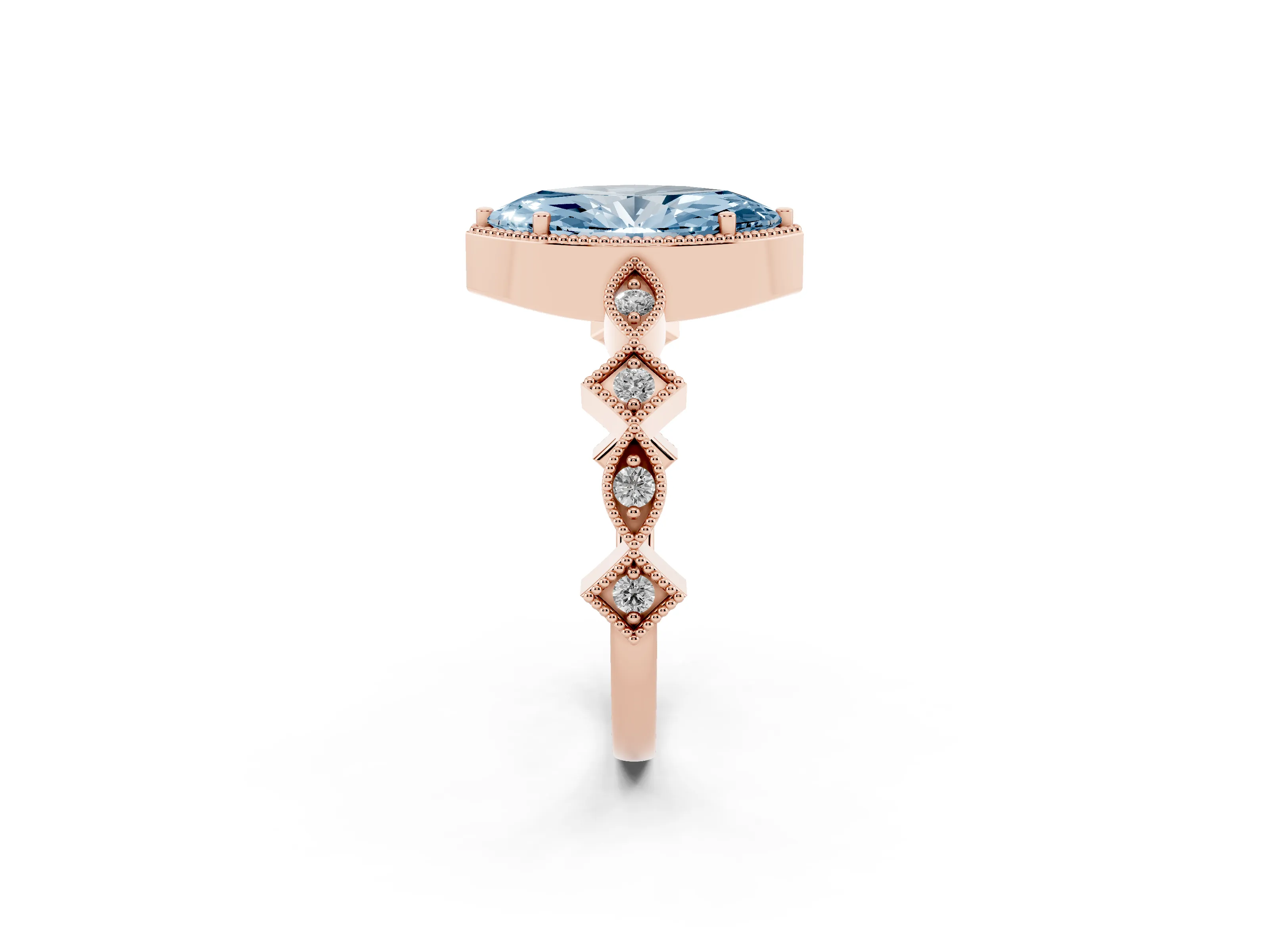 Fancy Blue Marquise Cut Diamond Milgrain Marquise Twist Band Ring Set in Rose gold with Prong Setting