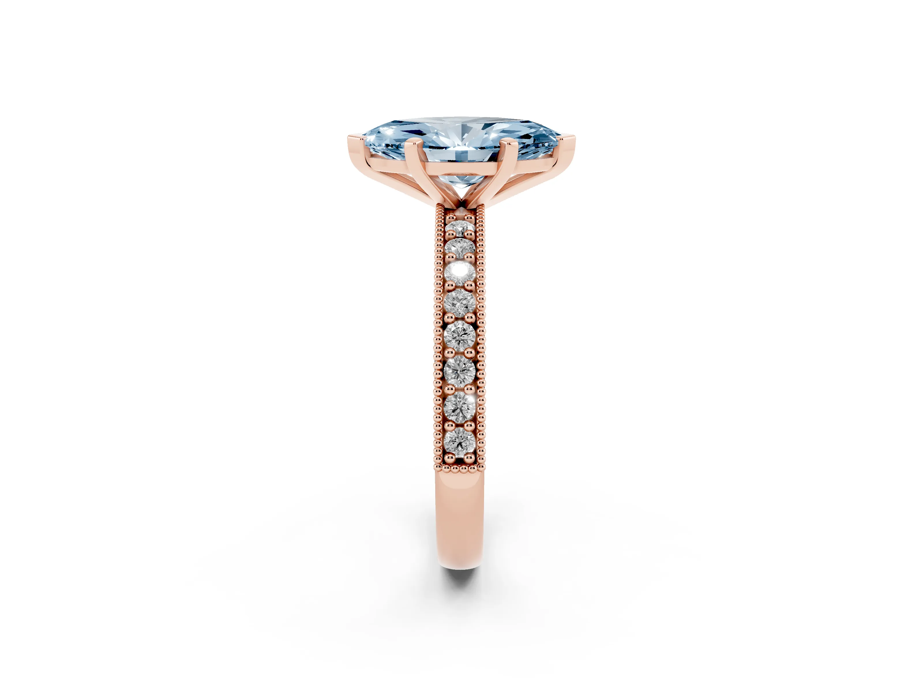 Fancy Blue Marquise Cut Diamond Milgrain Pavé Engagement Ring Set in Rose gold with Prong Setting