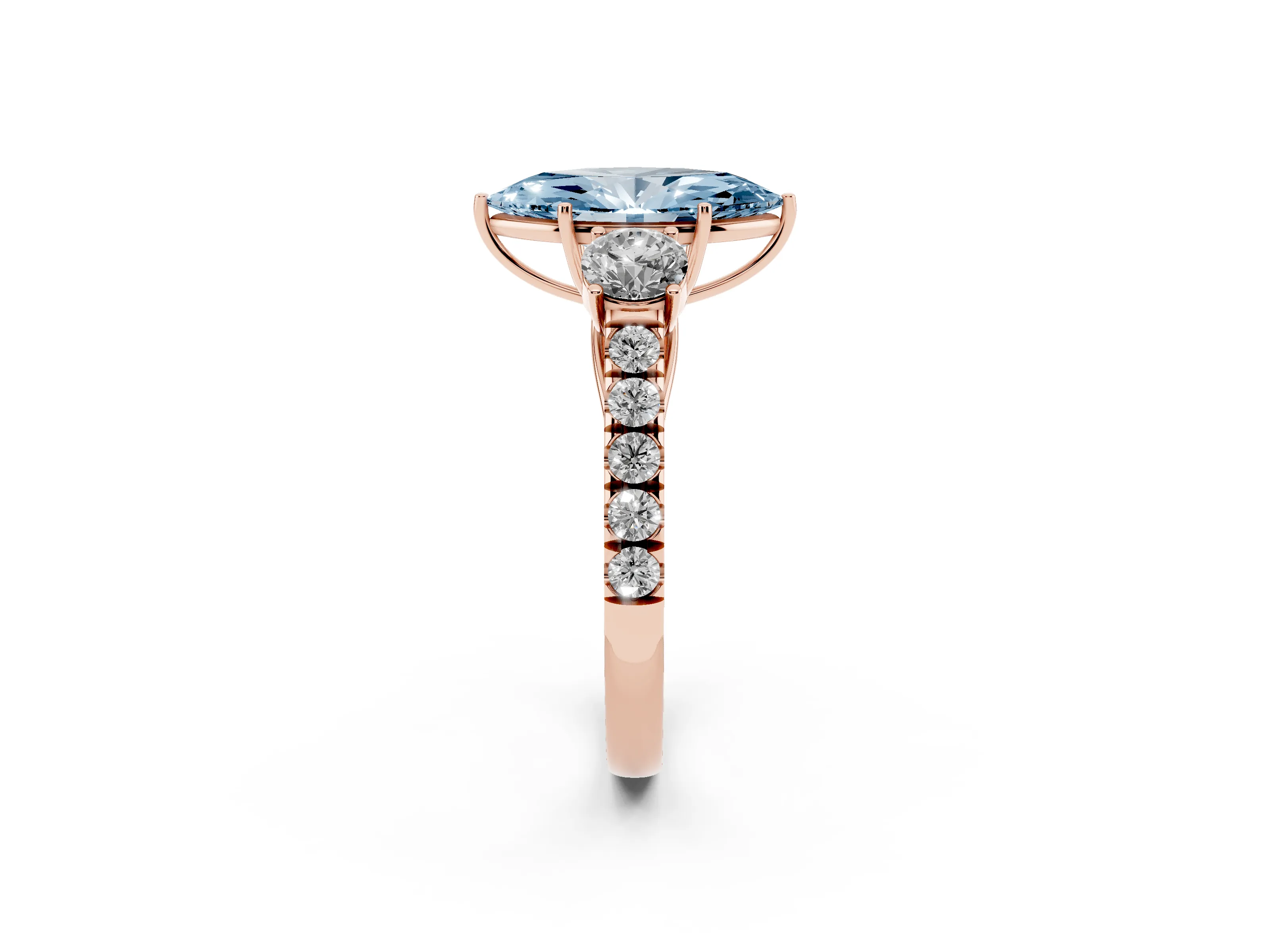 Fancy Blue Marquise Cut Diamond Three-Stone Ring Set in Rose gold with Round Side Stones and Delicate Pavé Band