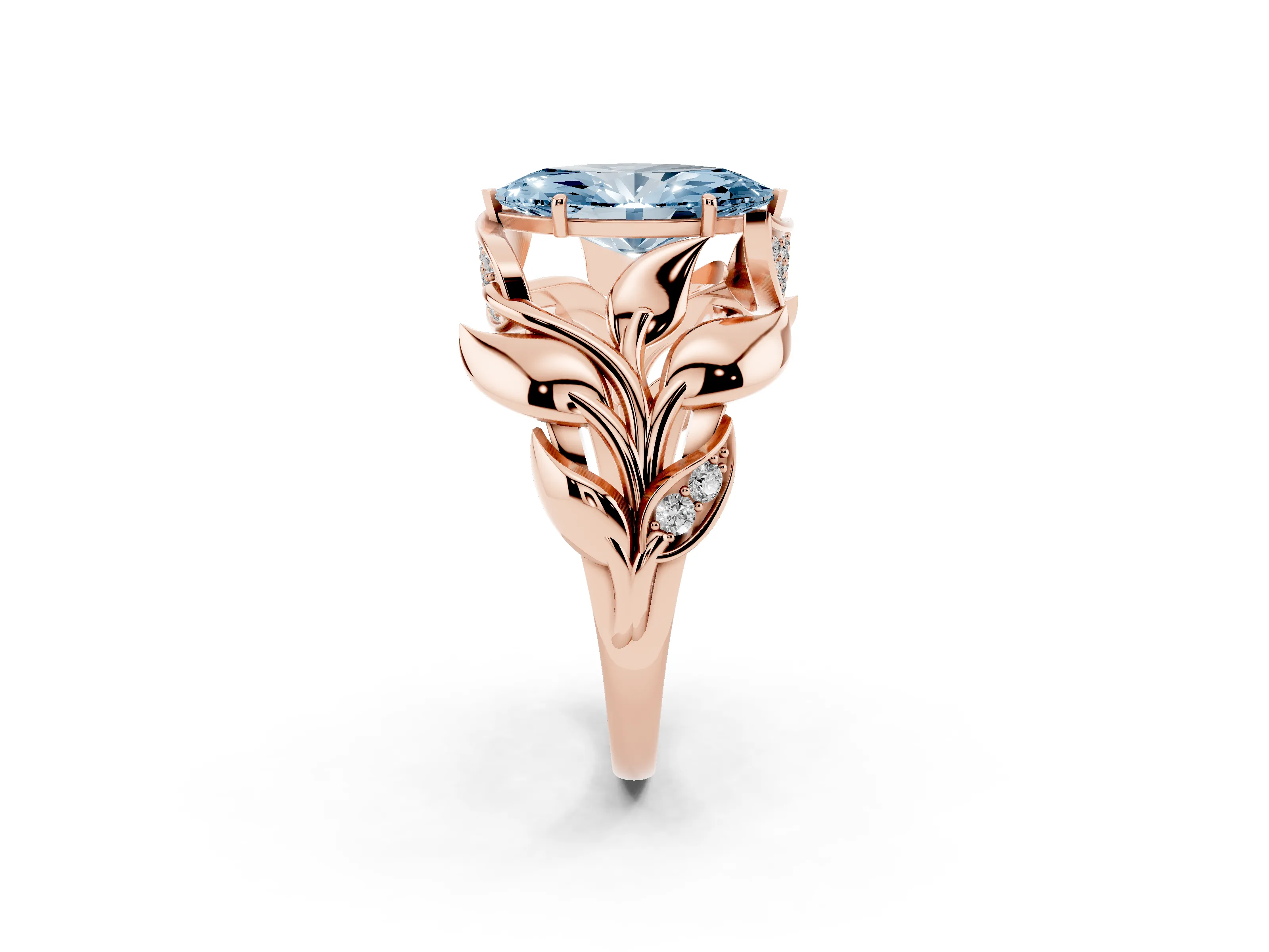 Fancy Blue Marquise Cut Diamond Leaf-Inspired Engagement Ring Set in Rose gold with Round Accents