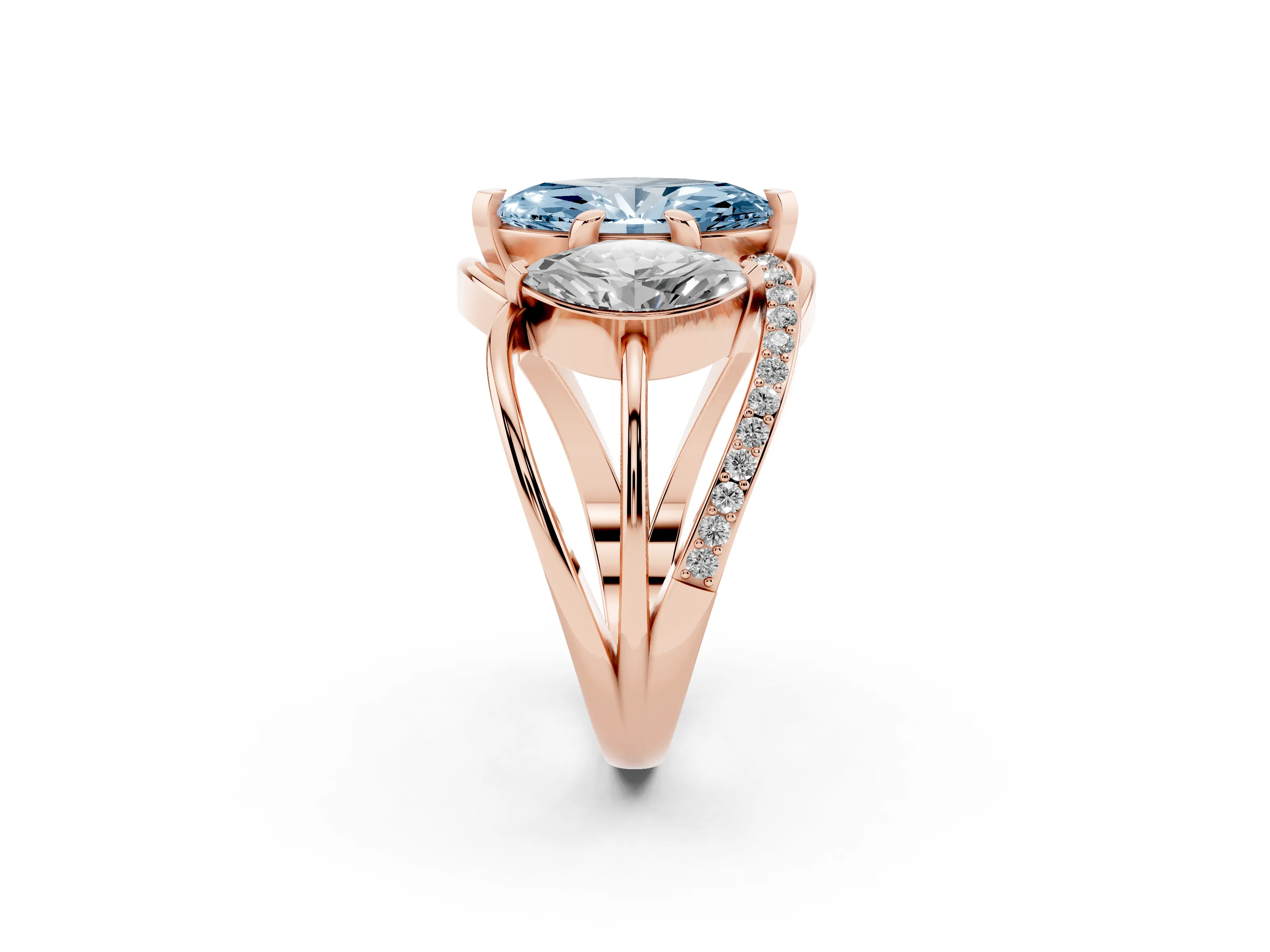 Fancy Blue Marquise Cut Diamond Three-Stone Ring Set in Rose gold with Split Shank and Prong Setting