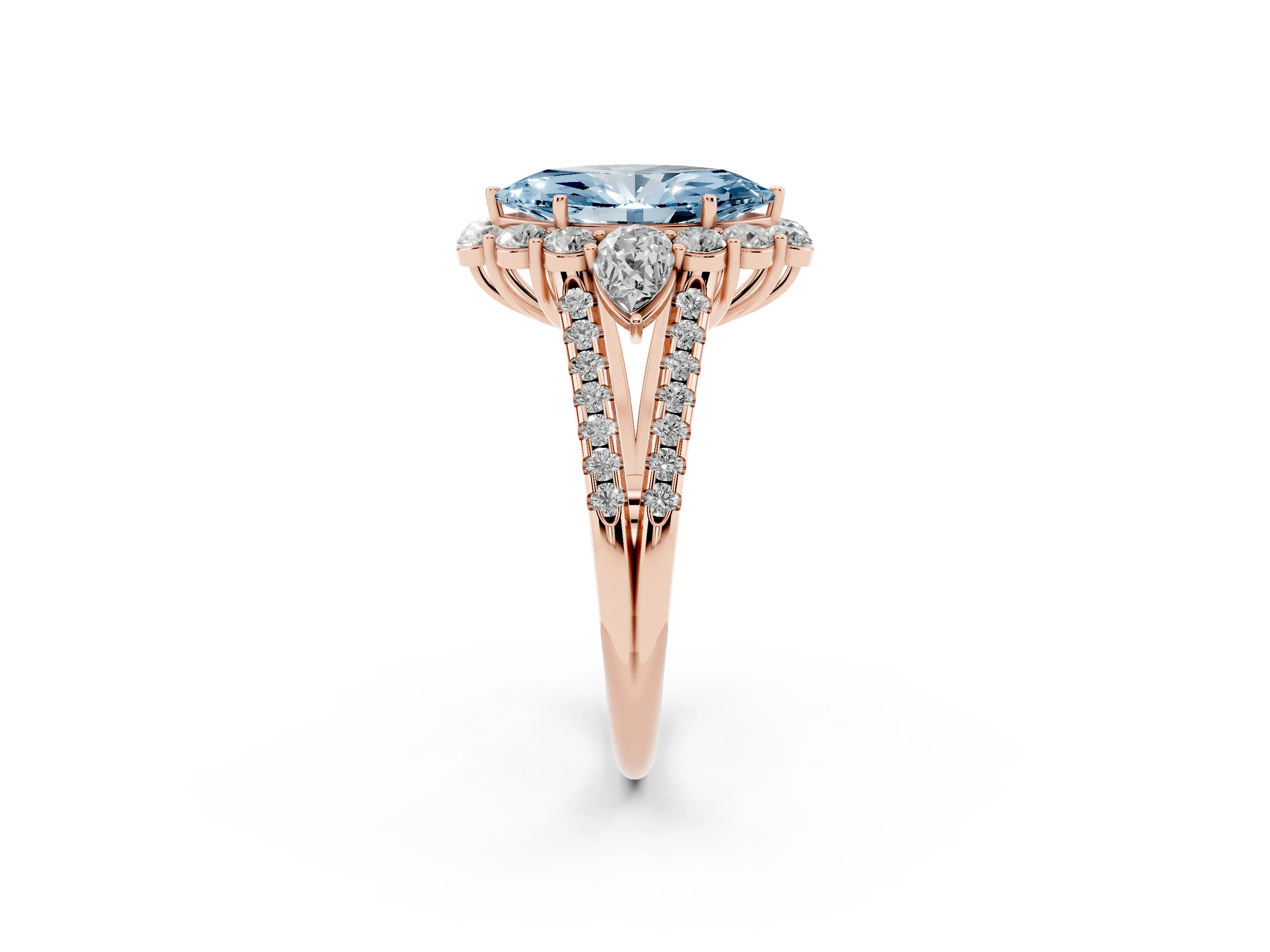 Fancy Blue Marquise Cut Diamond Halo Split Shank Engagement Ring Set in Rose gold with Prong-Held Center Stone