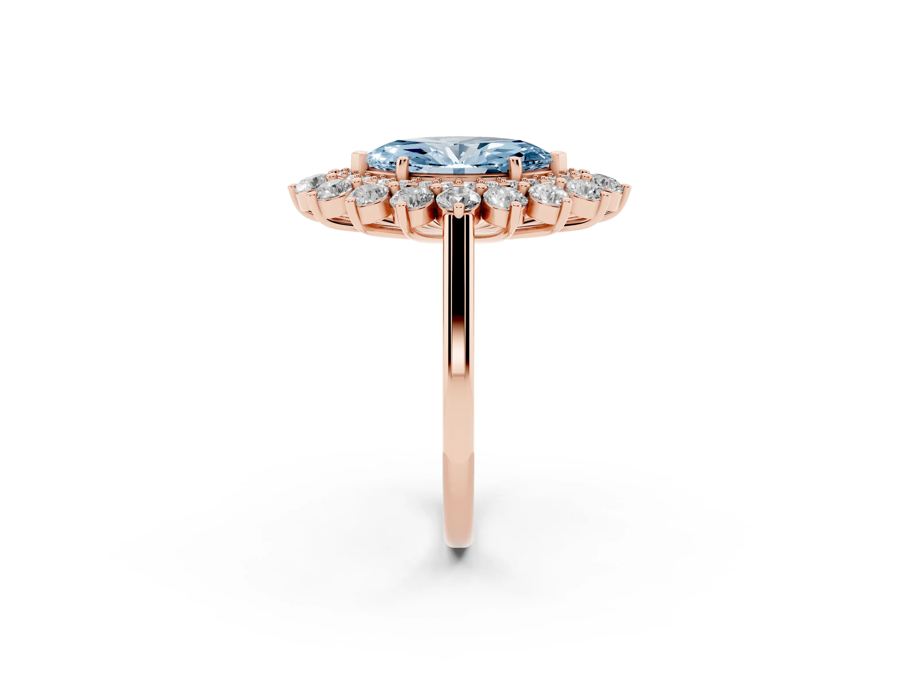 Fancy Blue Marquise Cut Diamond Floral Double Halo Ring Set in Rose gold with Round Petals