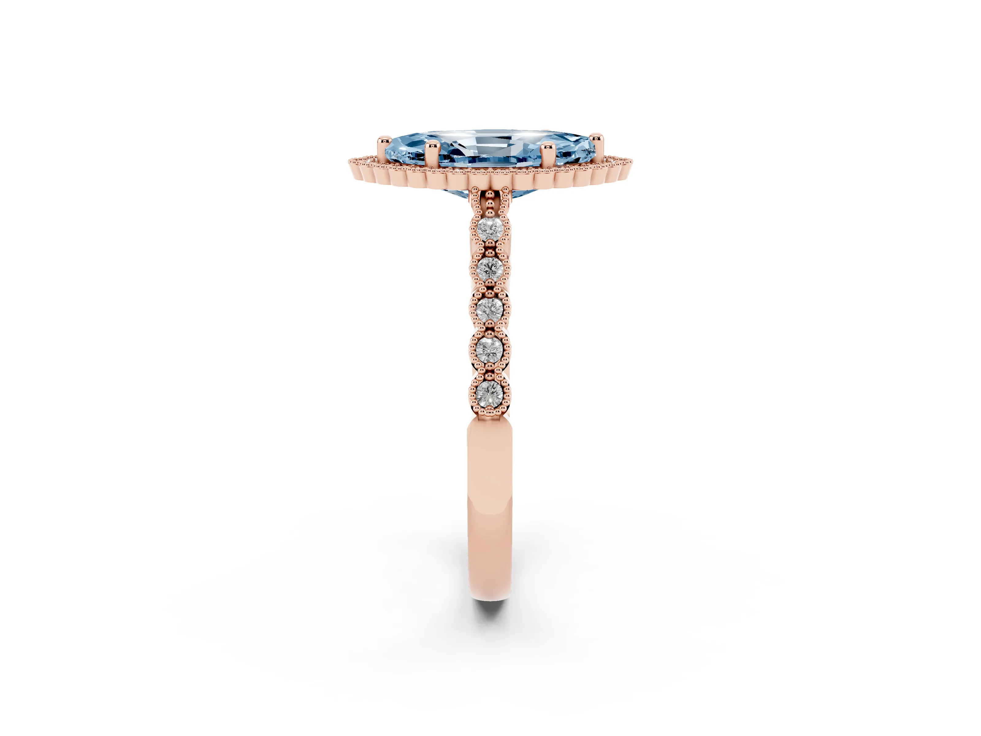 Fancy Blue Marquise Cut Diamond Halo Ring Set in Rose gold with Pavé Milgrain Band
