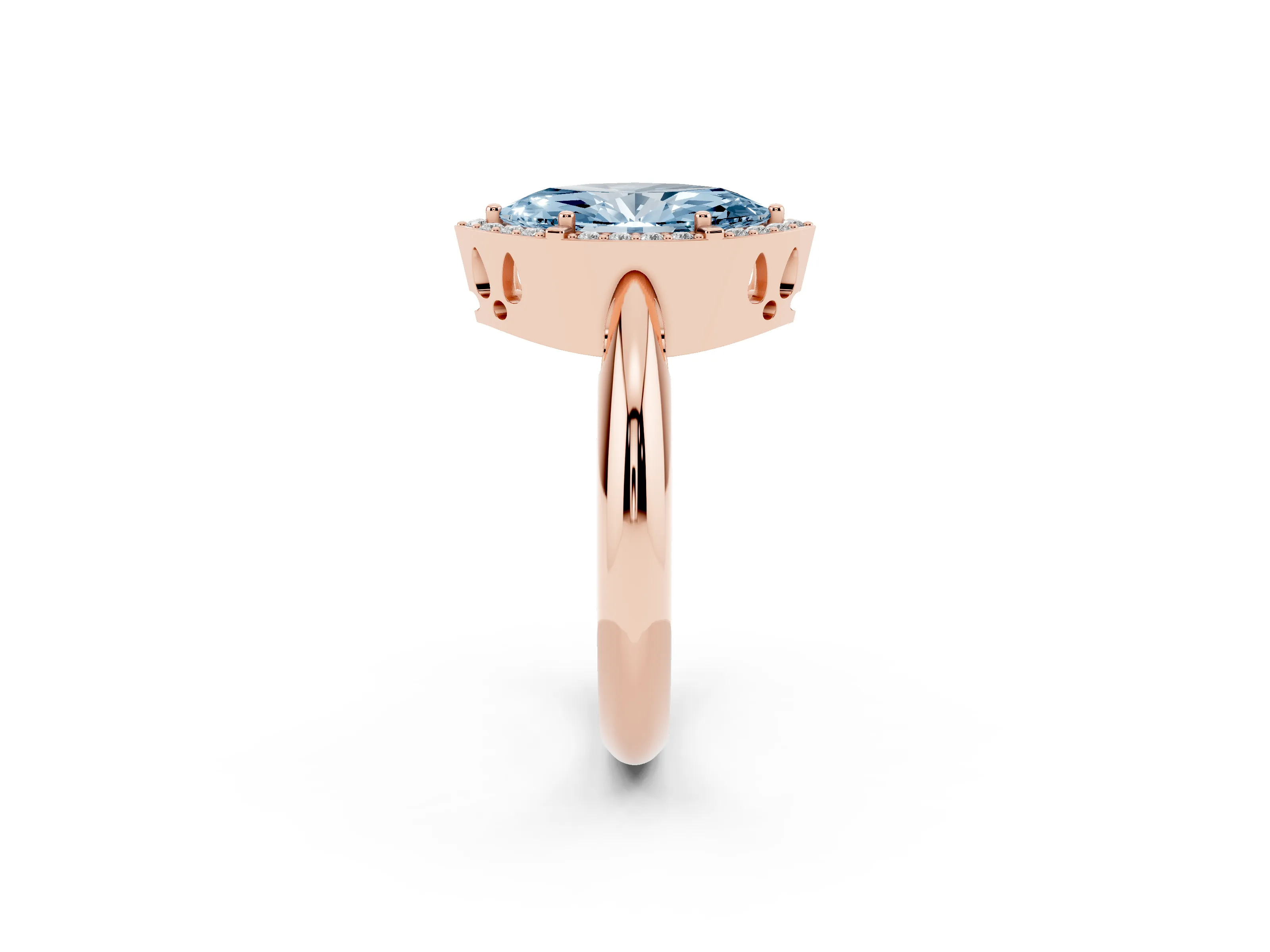 Fancy Blue Marquise Cut Diamond Halo Engagement Ring Set in Rose gold with Plain Split Shank and Prong Setting