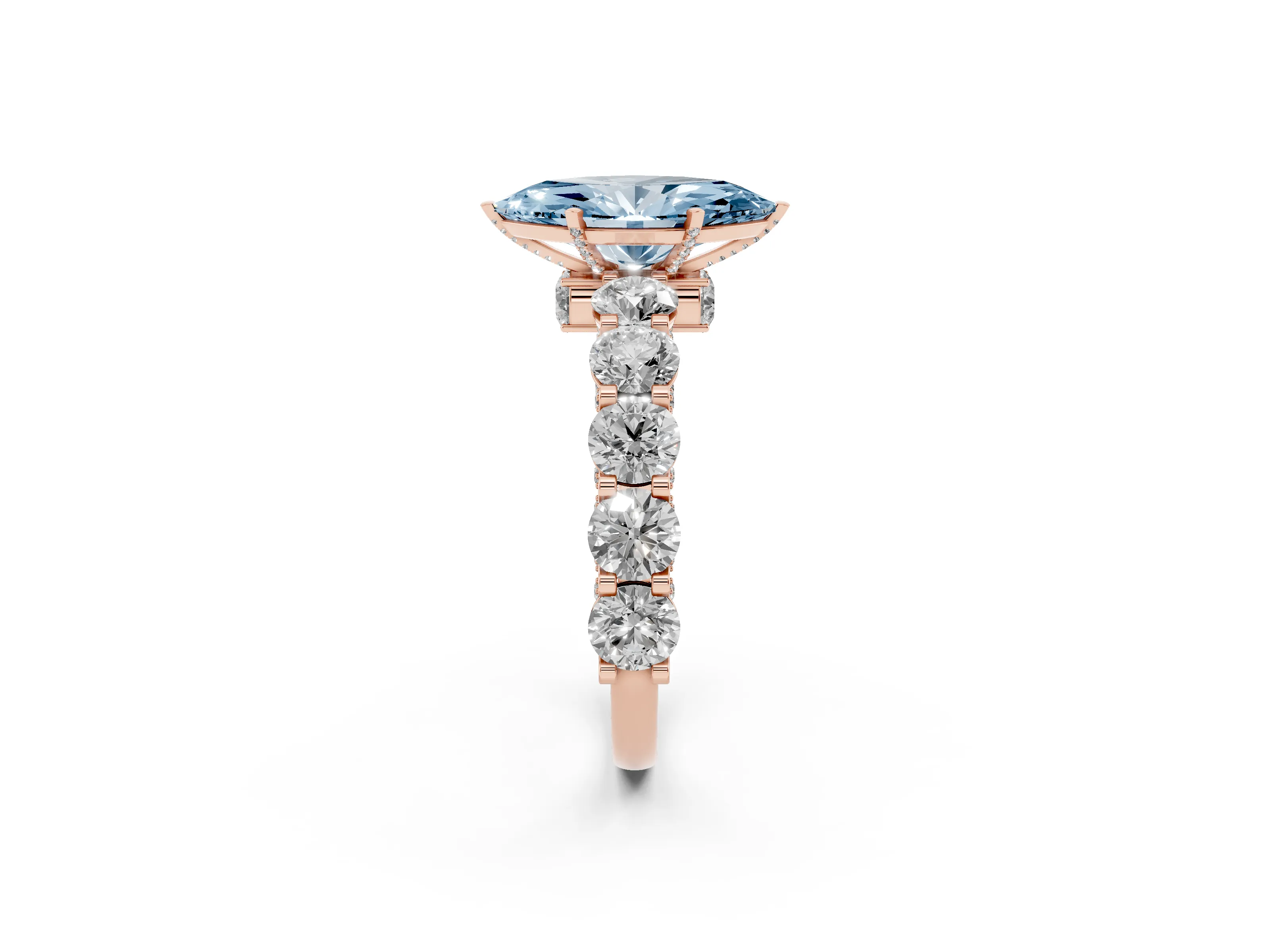 Fancy Blue Marquise Cut Diamond Side Stone Ring Set in Rose gold with Alternating Round and Oval Side Stones
