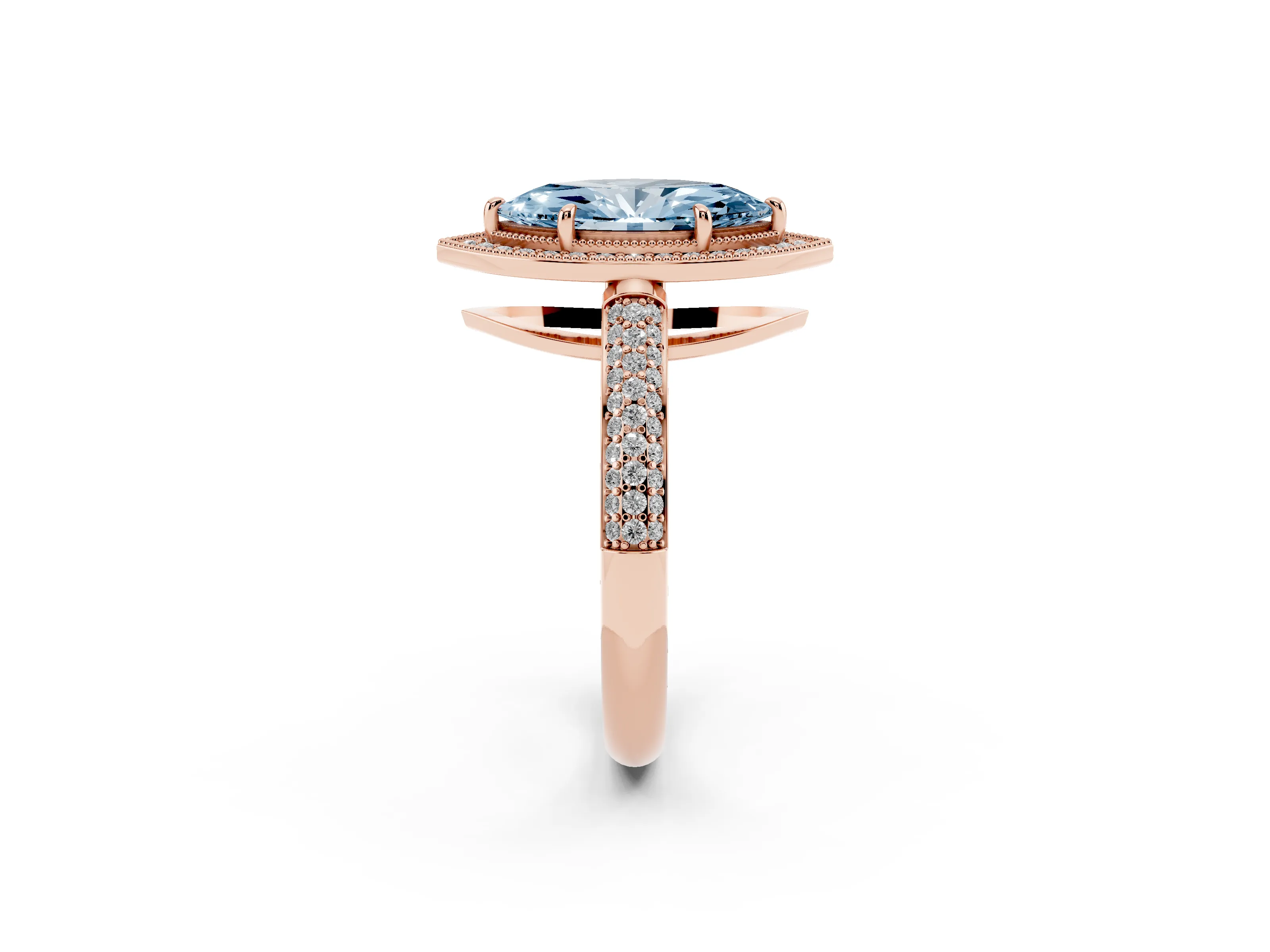 Fancy Blue Marquise Cut Diamond Halo Pavé Band Set in Rose gold with Prong Setting