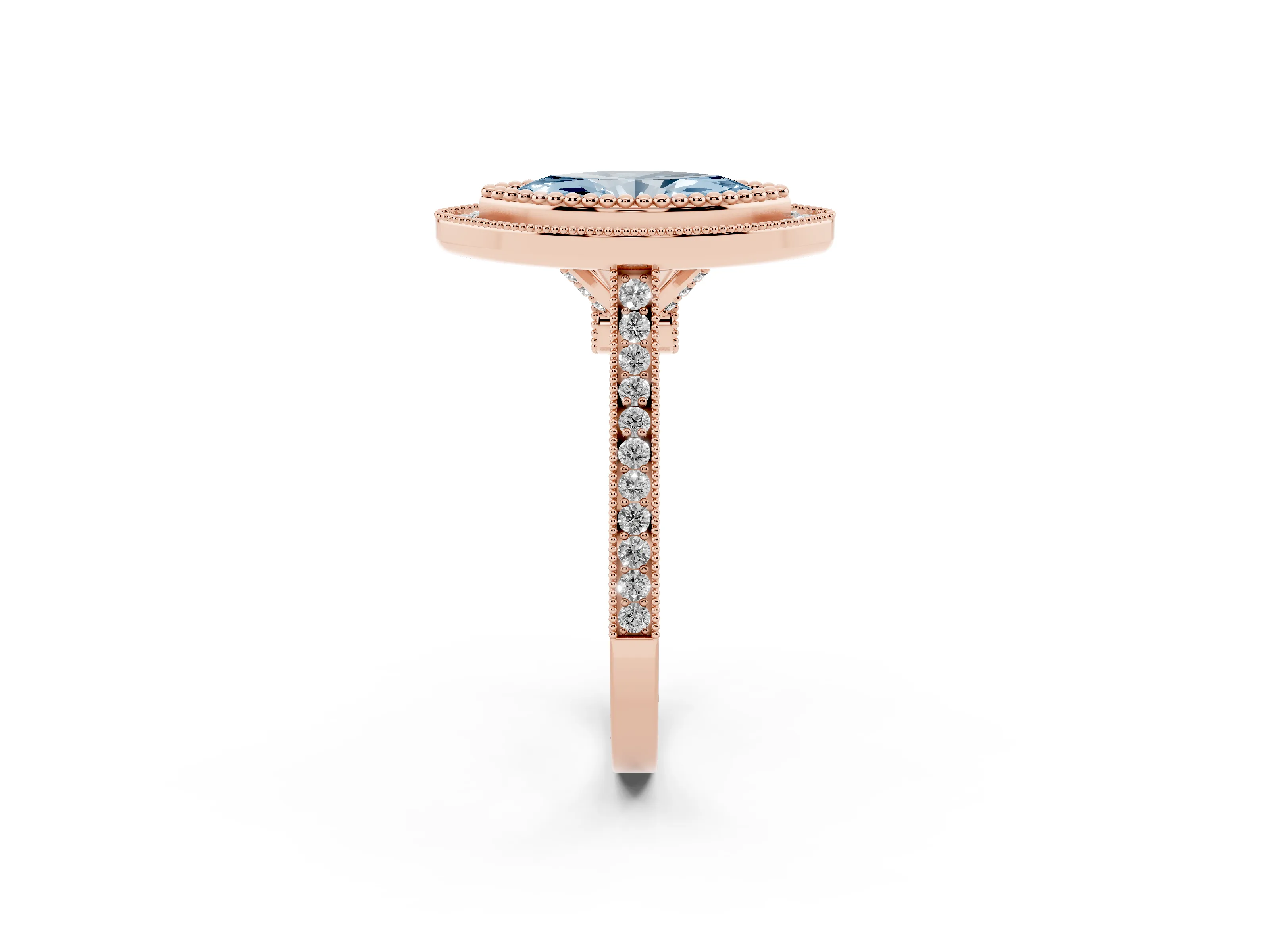 Fancy Blue Marquise Cut Diamond Halo Ring Set in Rose gold with Milgrain Frame and Pavé Band