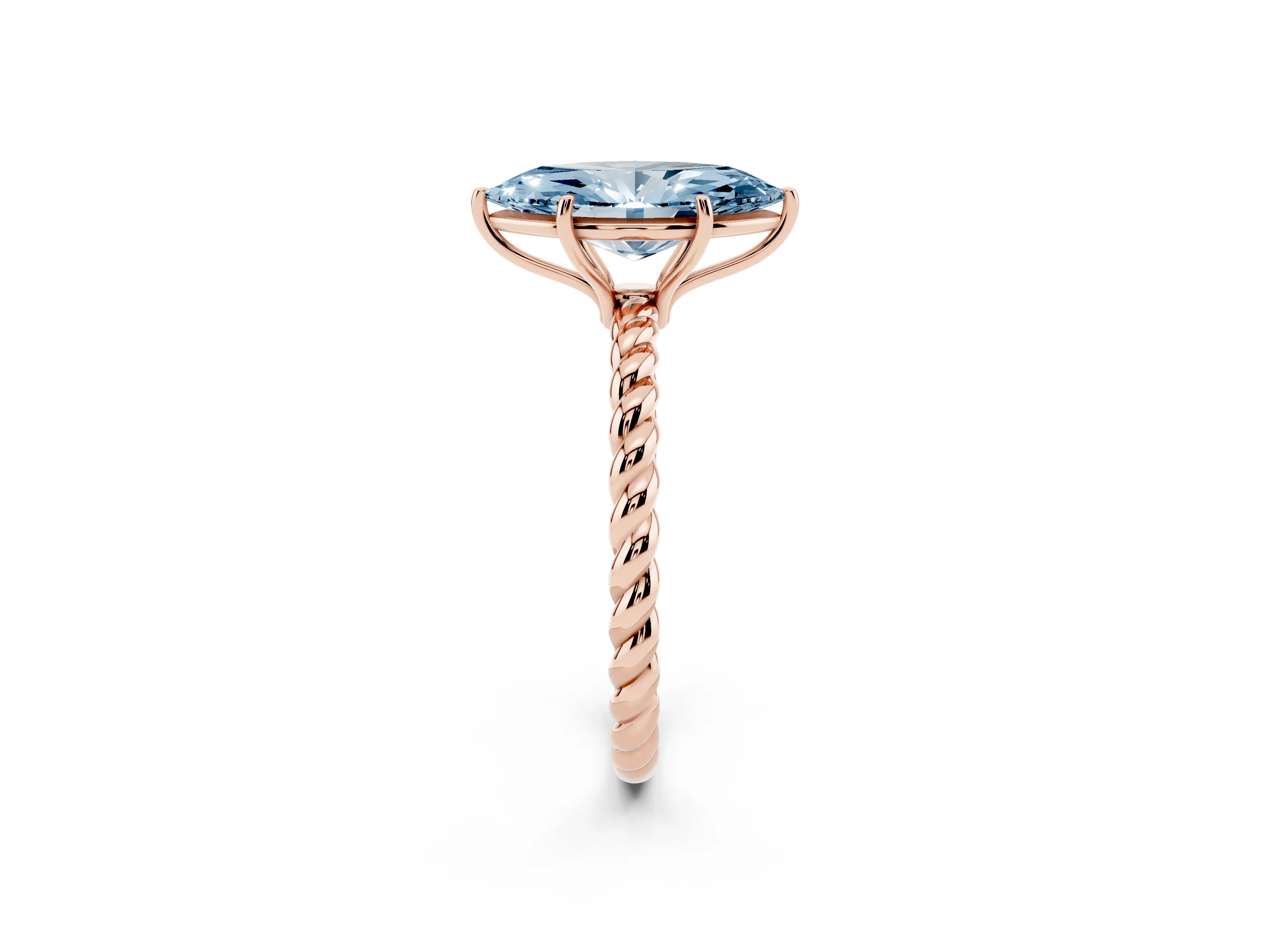 Fancy Blue Marquise Cut Diamond Solitaire Ring Set in Rose gold with Twist Band and Prong Setting