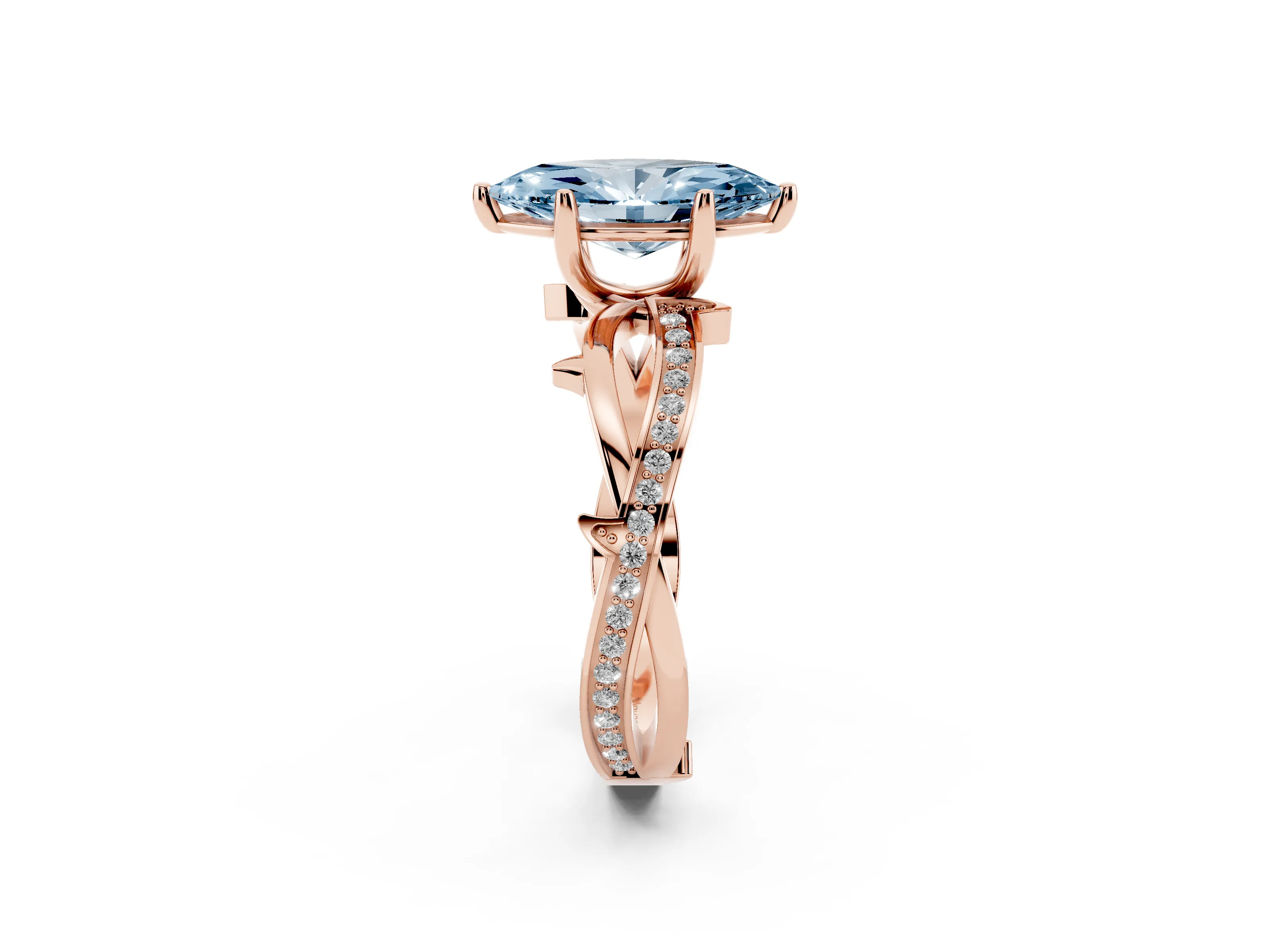 Fancy Blue Marquise Cut Diamond Pavé Twist Band Solitaire Ring Set in Rose gold with Prong Setting
