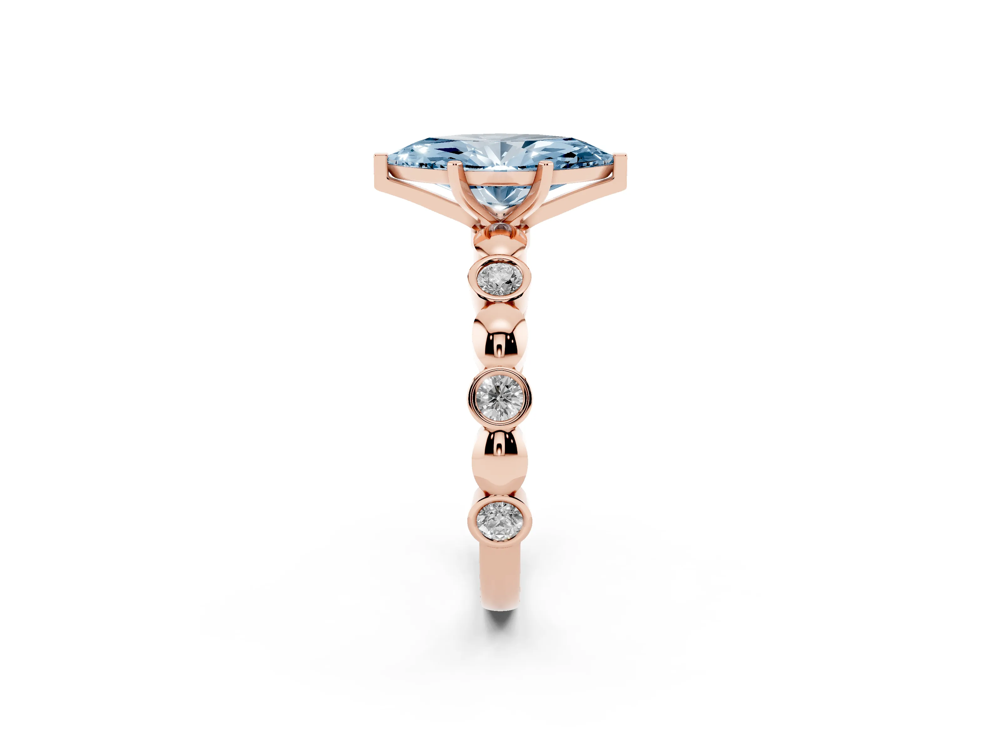 Fancy Blue Marquise Cut Diamond Solitaire Ring Set in Rose gold with Bezel-Set Accents on Beaded Band and Prong Setting