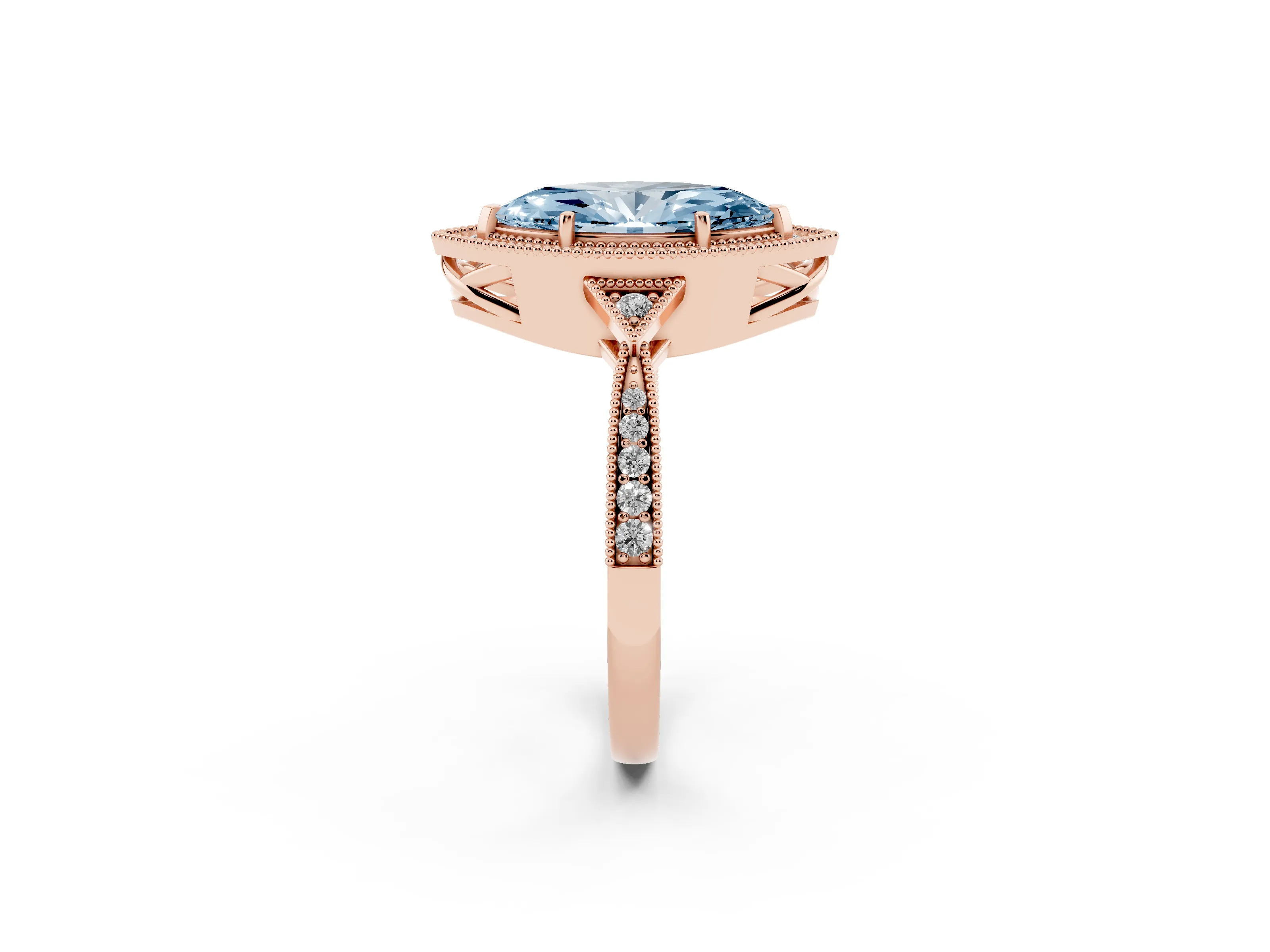 Fancy Blue Marquise Cut Diamond Halo Engagement Ring Set in Rose gold with Milgrain Pavé Band