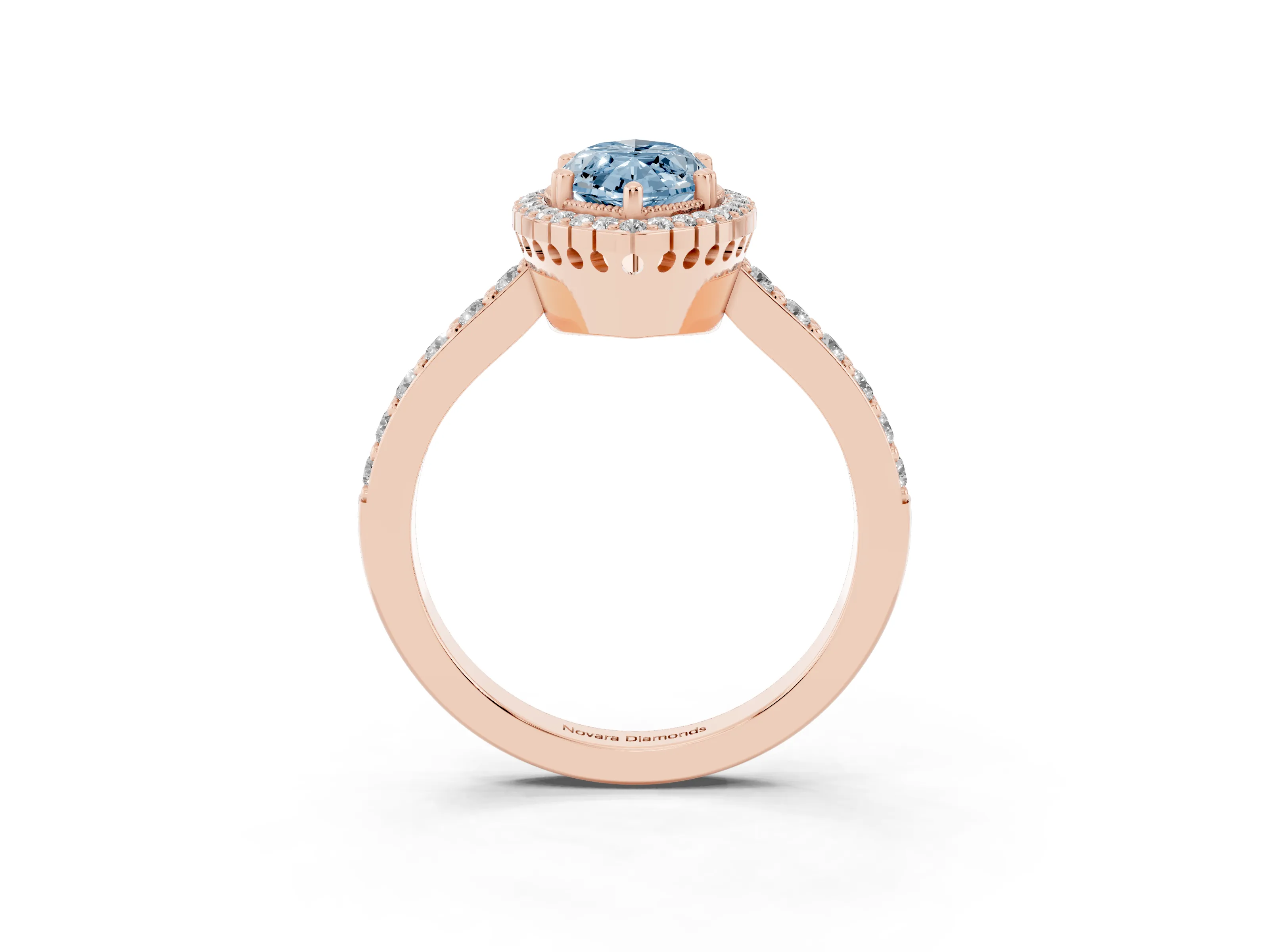 Fancy Blue Marquise Cut Diamond Halo Engagement Ring Set in Rose gold with Milgrain Detail and Pavé Band