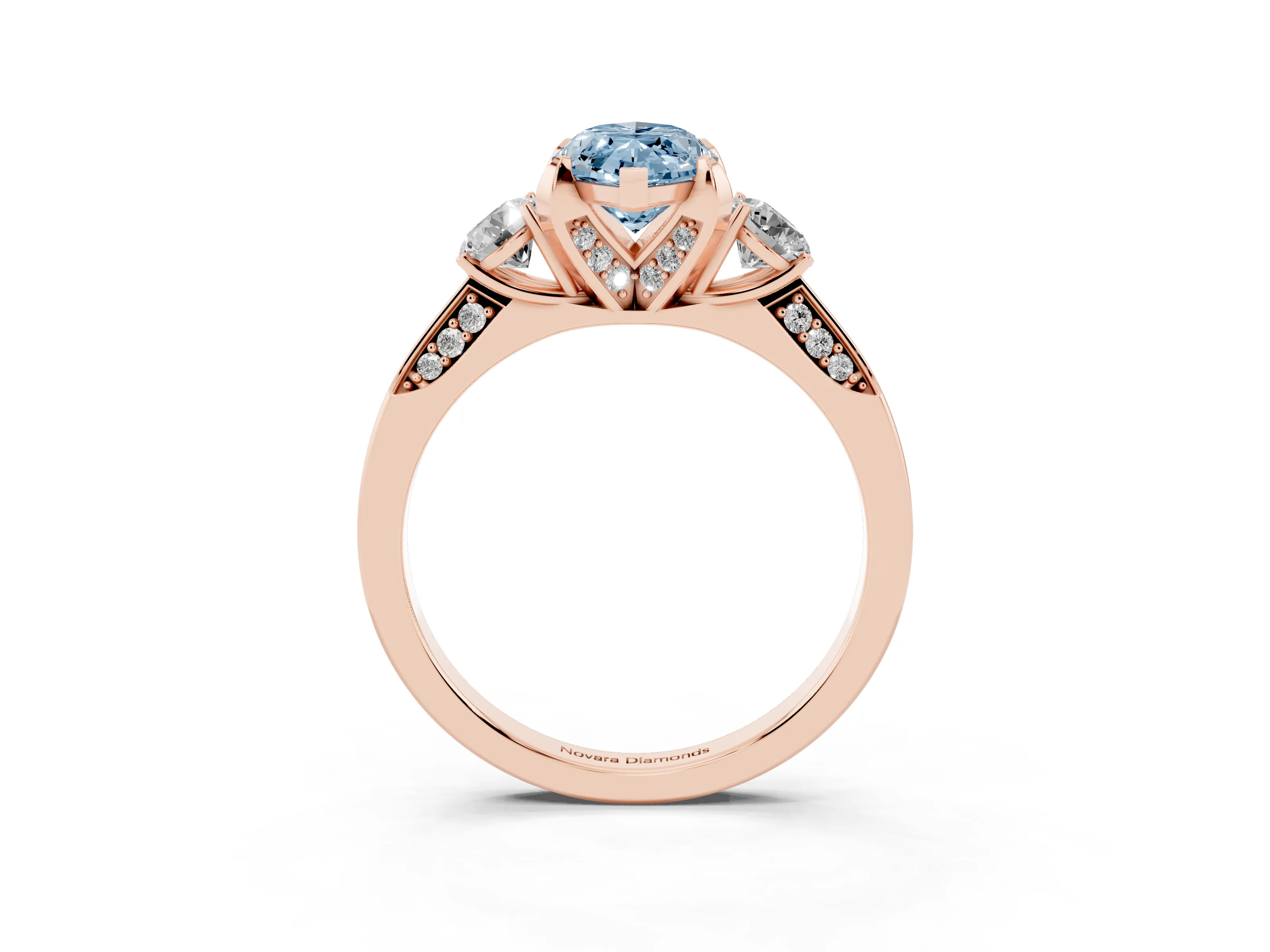 Fancy Blue Marquise Cut Diamond Three-Stone Ring Set in Rose gold with Pavé Band and Smaller Side Stones
