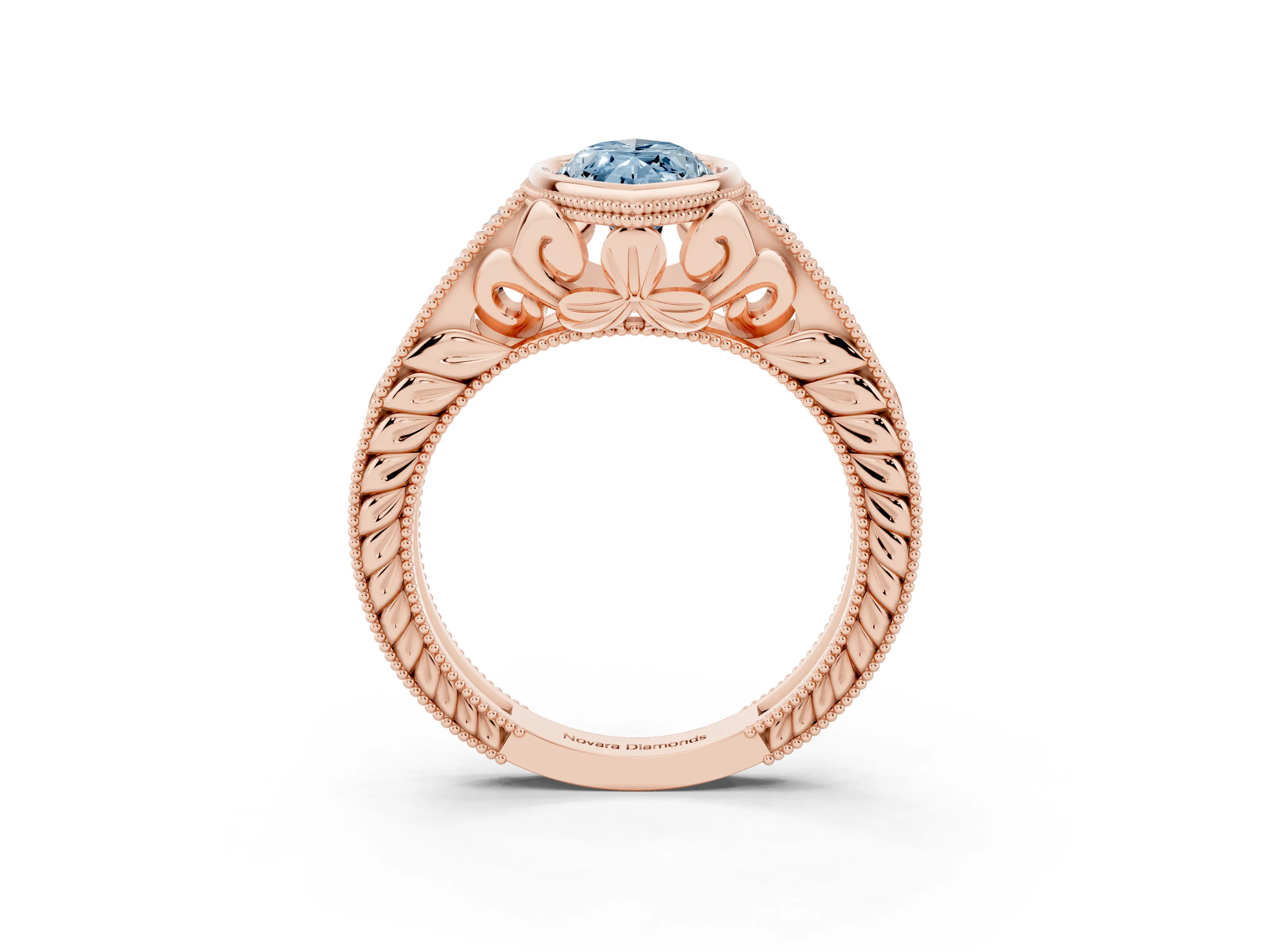 Fancy Blue Bezel Set Marquise Cut Diamond Milgrain Pavé Engagement Ring Set in Rose gold