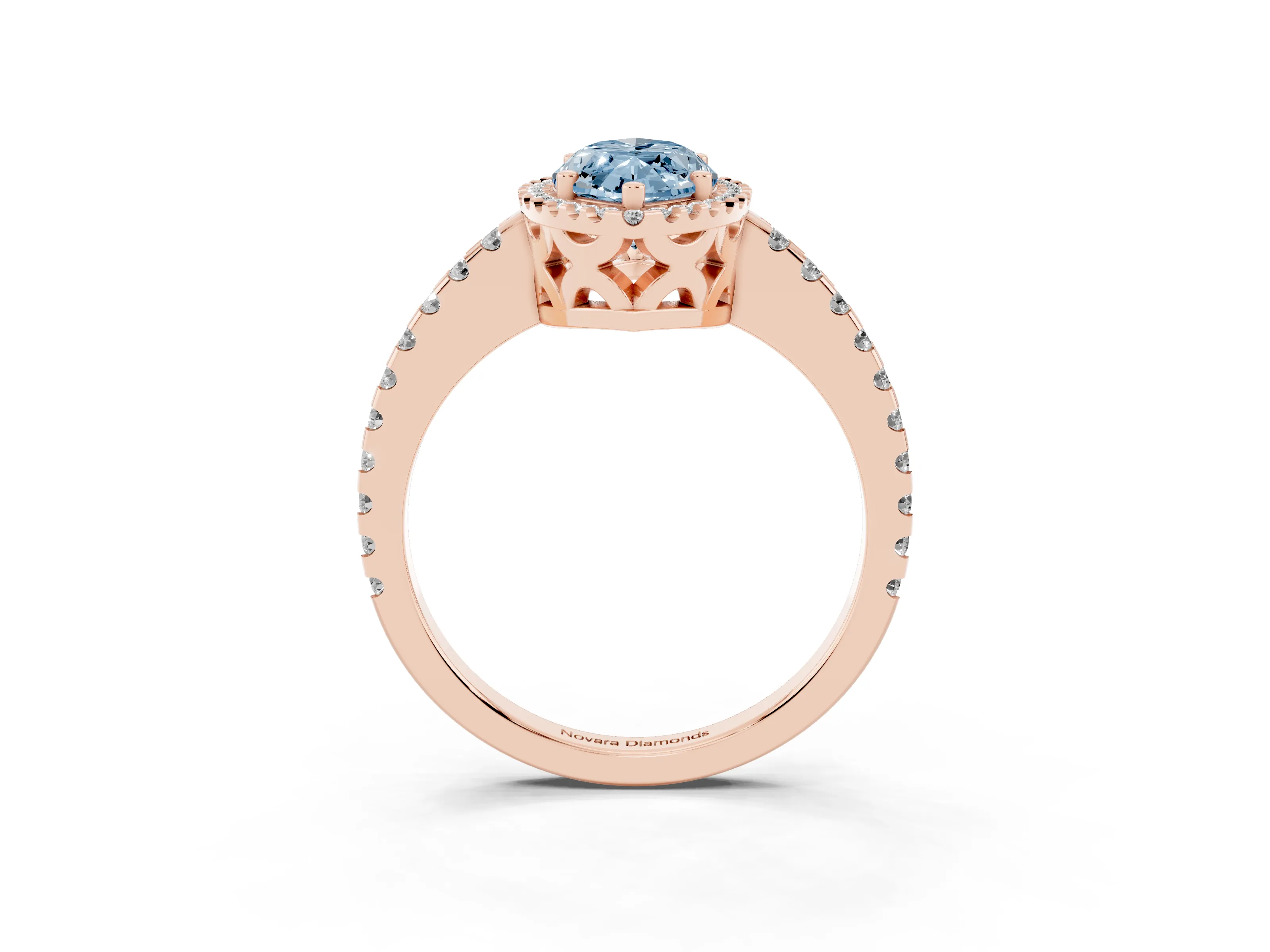 Fancy Blue Marquise Cut Diamond Halo Ring Set in Rose gold with Pavé Shoulders and Halo-Framed Center