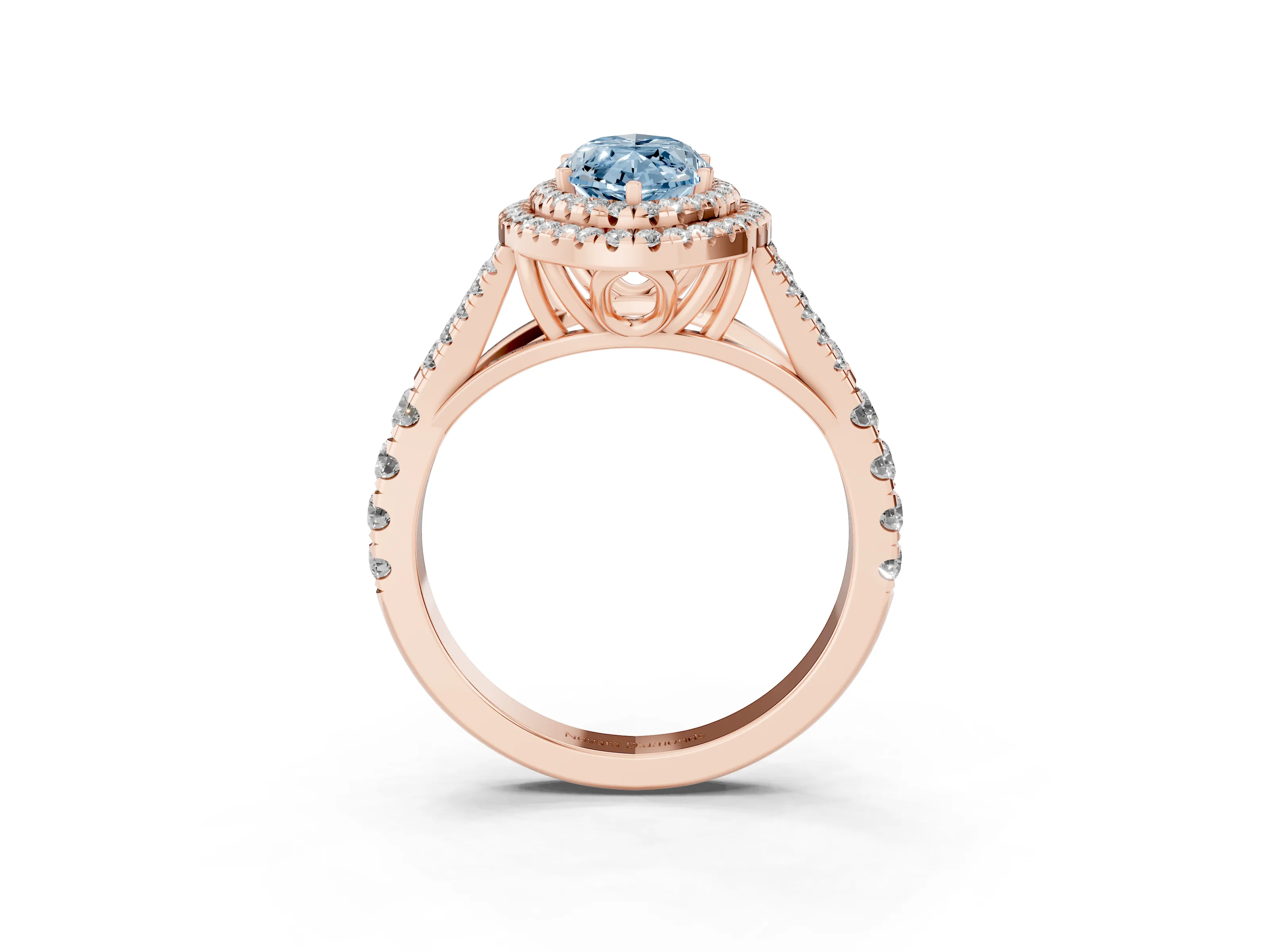 Fancy Blue Marquise Cut Diamond Pavé Split Shank Double Halo Engagement Ring Set in Rose gold