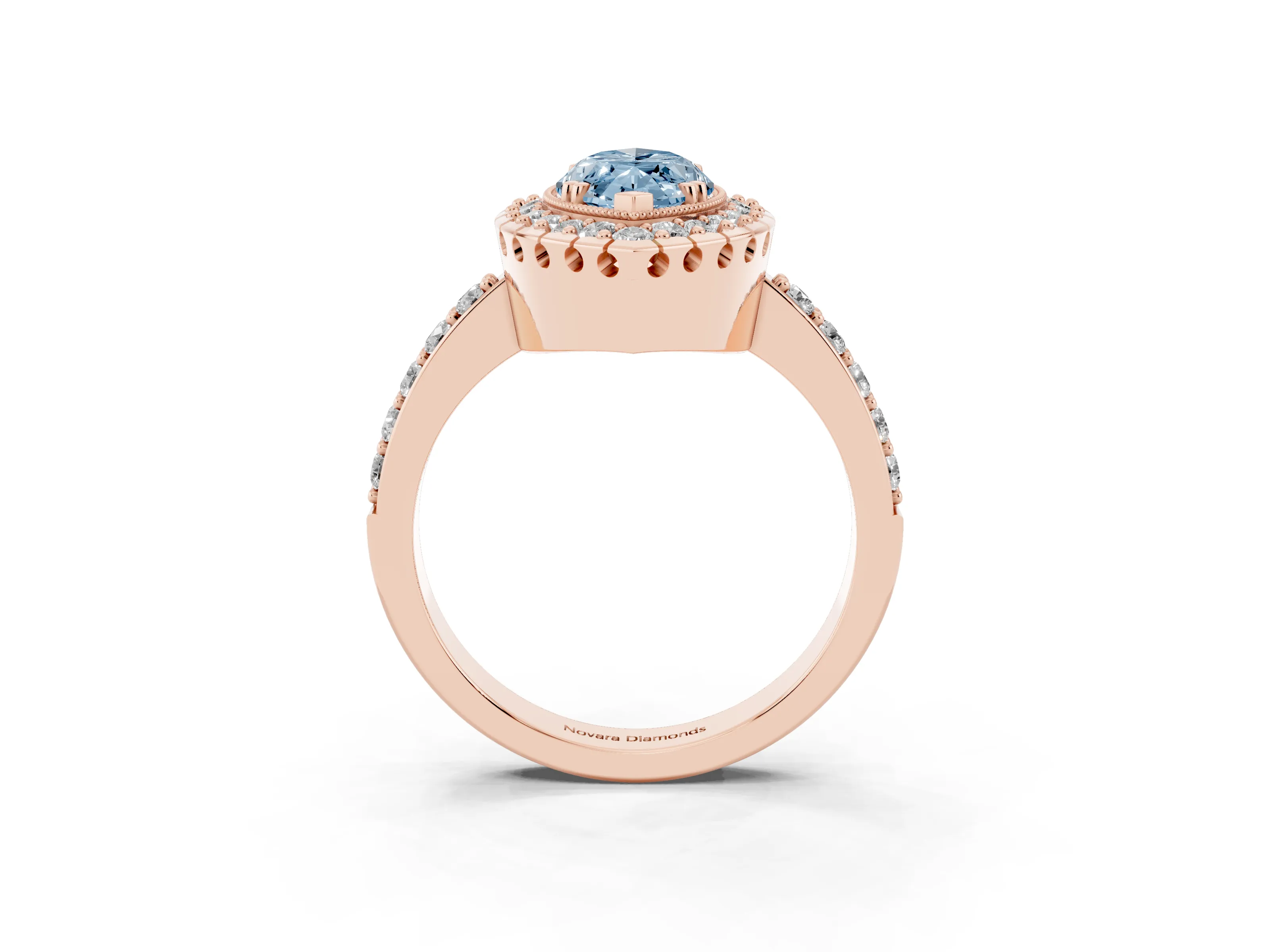 Fancy Blue Marquise Cut Diamond Halo Ring Set in Rose gold with Pavé Shank and Prong Setting