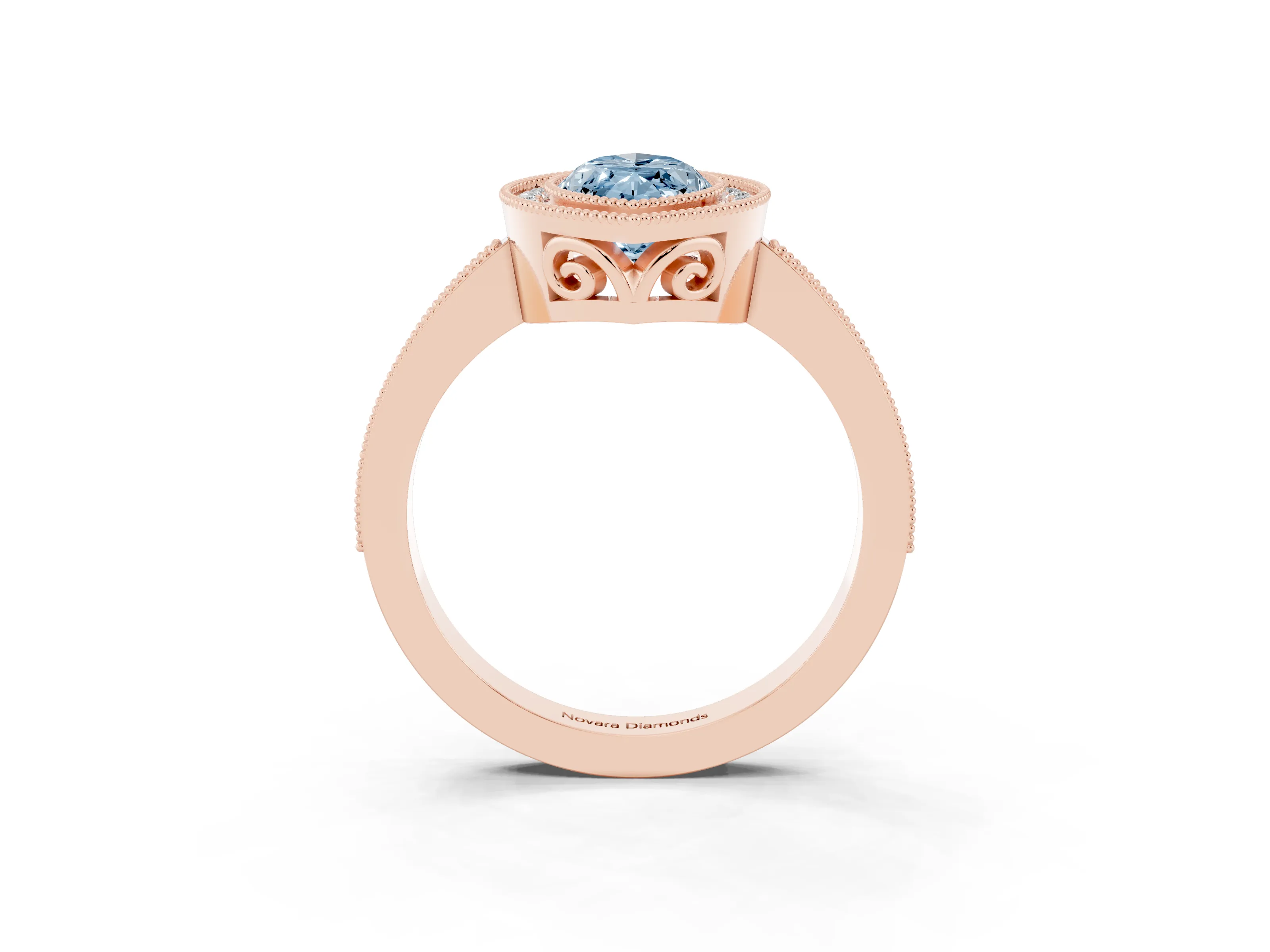 Fancy Blue Marquise Cut Diamond Halo Ring Set in Rose gold with Pavé Band and Milgrain-Edged Prongs