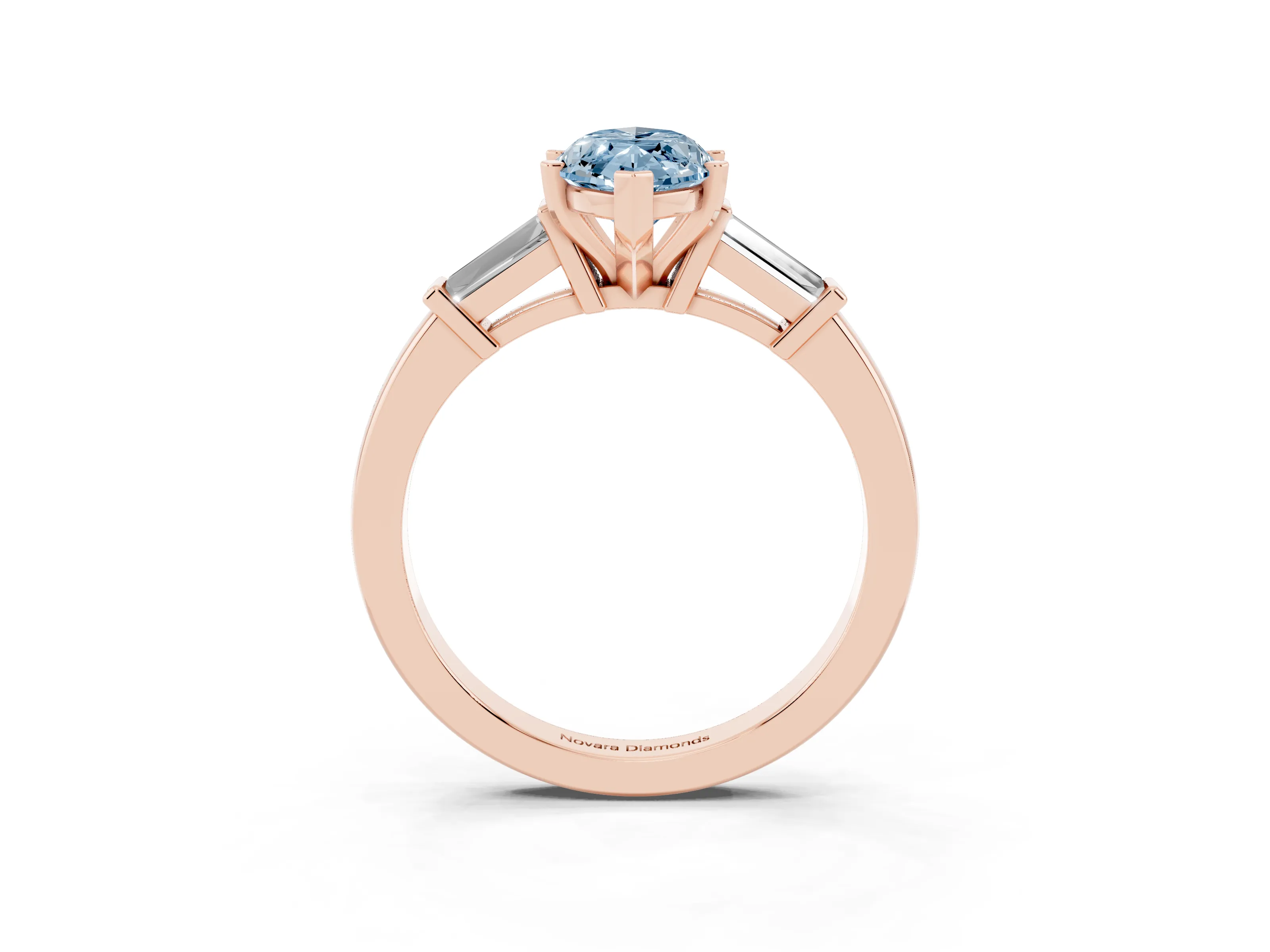 Fancy Blue Marquise Cut Diamond Solitaire Ring Set in Rose gold with Tapered Baguette Accents and Prong Setting