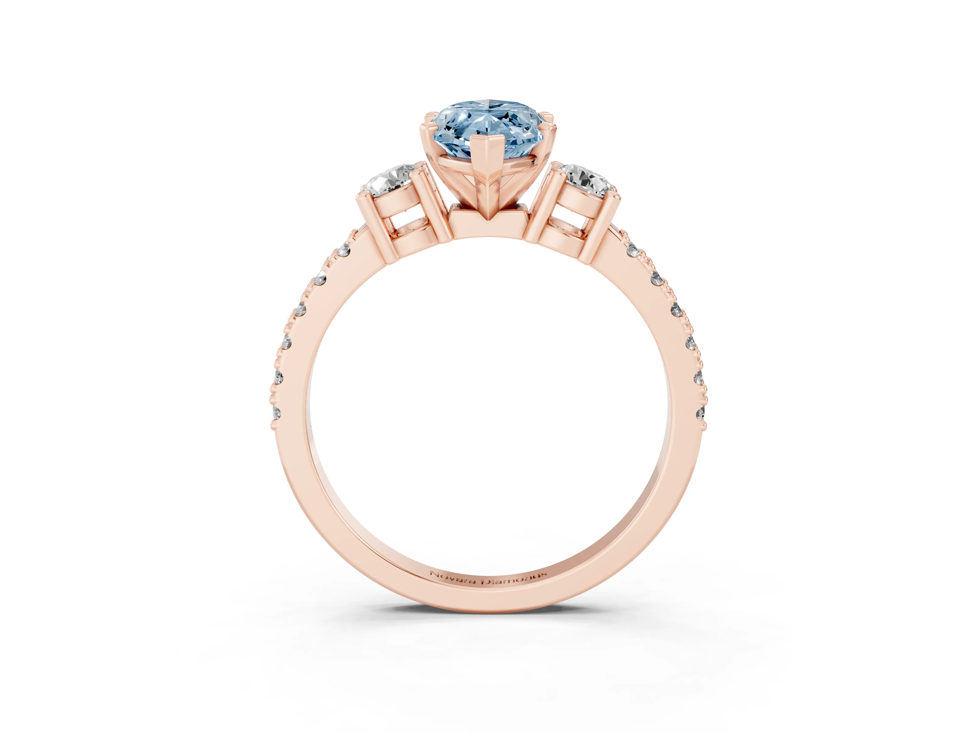 Fancy Blue Three-Stone Marquise Cut Diamond Pavé Band Ring Set in Rose gold with Prong Setting