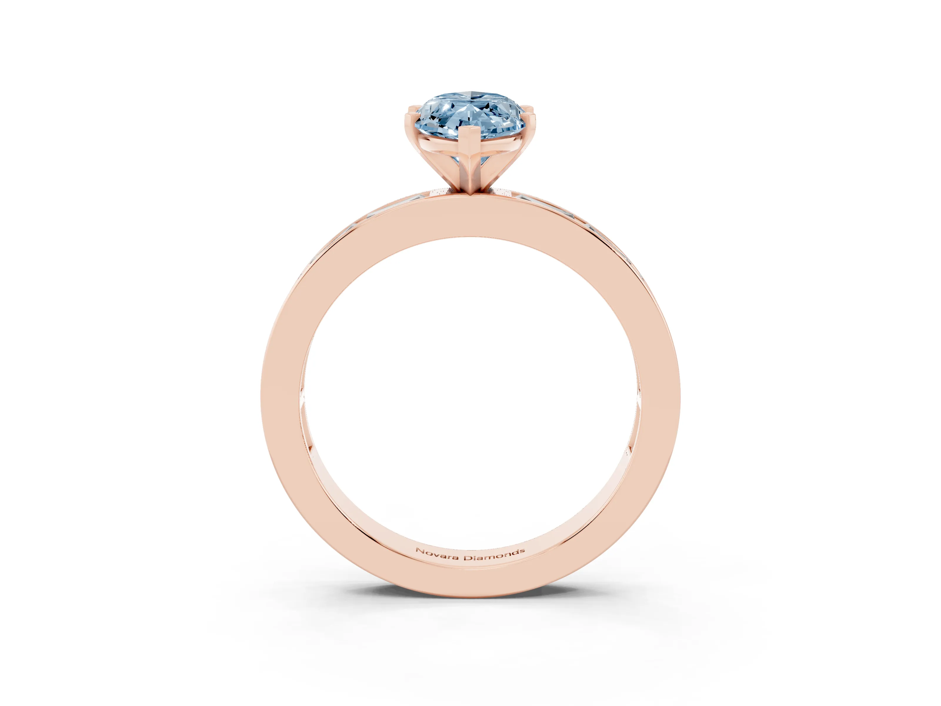 Fancy Blue Marquise Cut Diamond Solitaire Ring Set in Rose gold with Channel-Set Baguette Band and Prong Setting