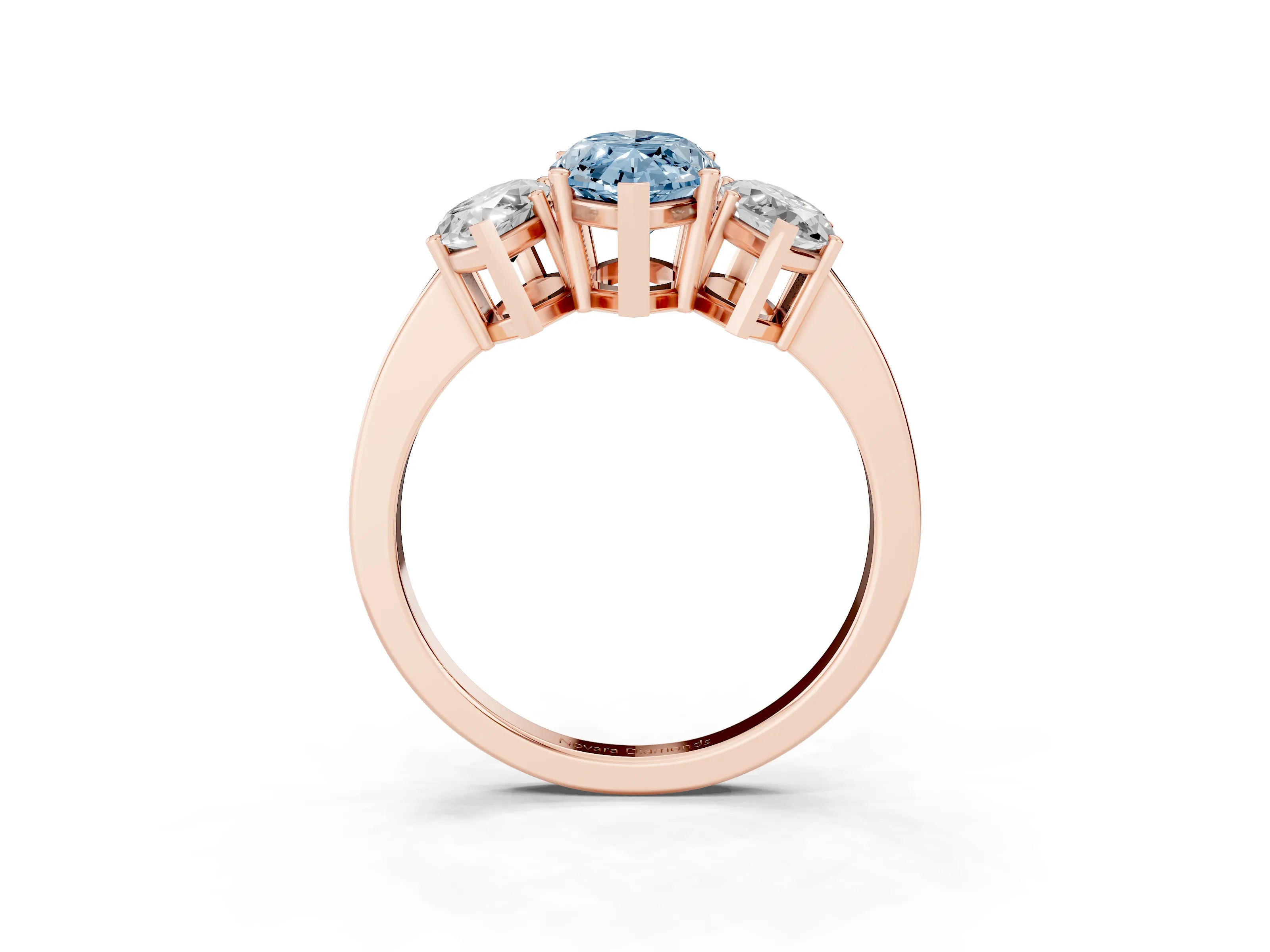 Fancy Blue Marquise Cut Diamond Three-Stone Engagement Ring Set in Rose gold with Flat Band