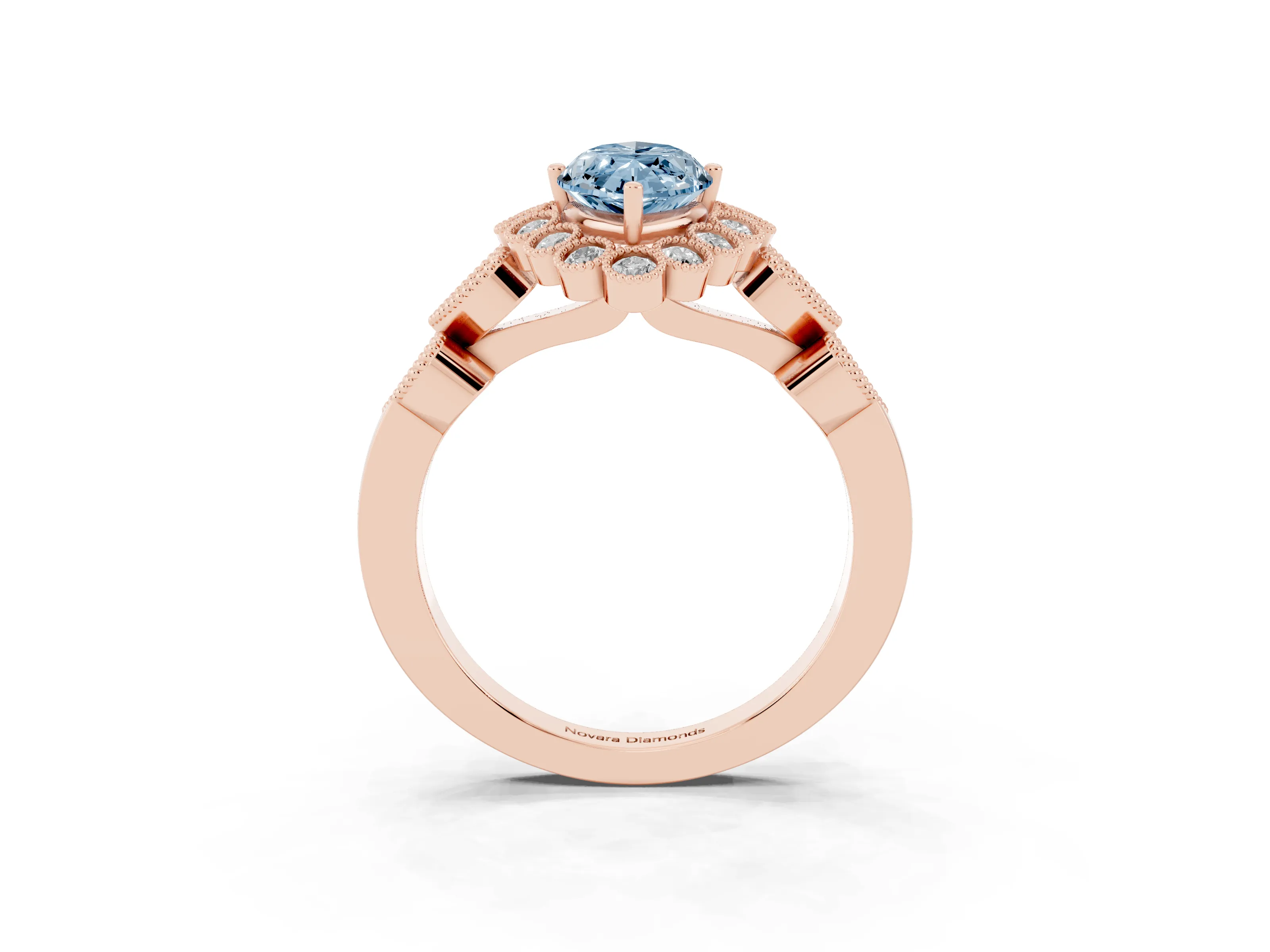 Fancy Blue Marquise Cut Diamond Solitaire Ring Set in Rose gold with Milgrain Pavé Heart Band