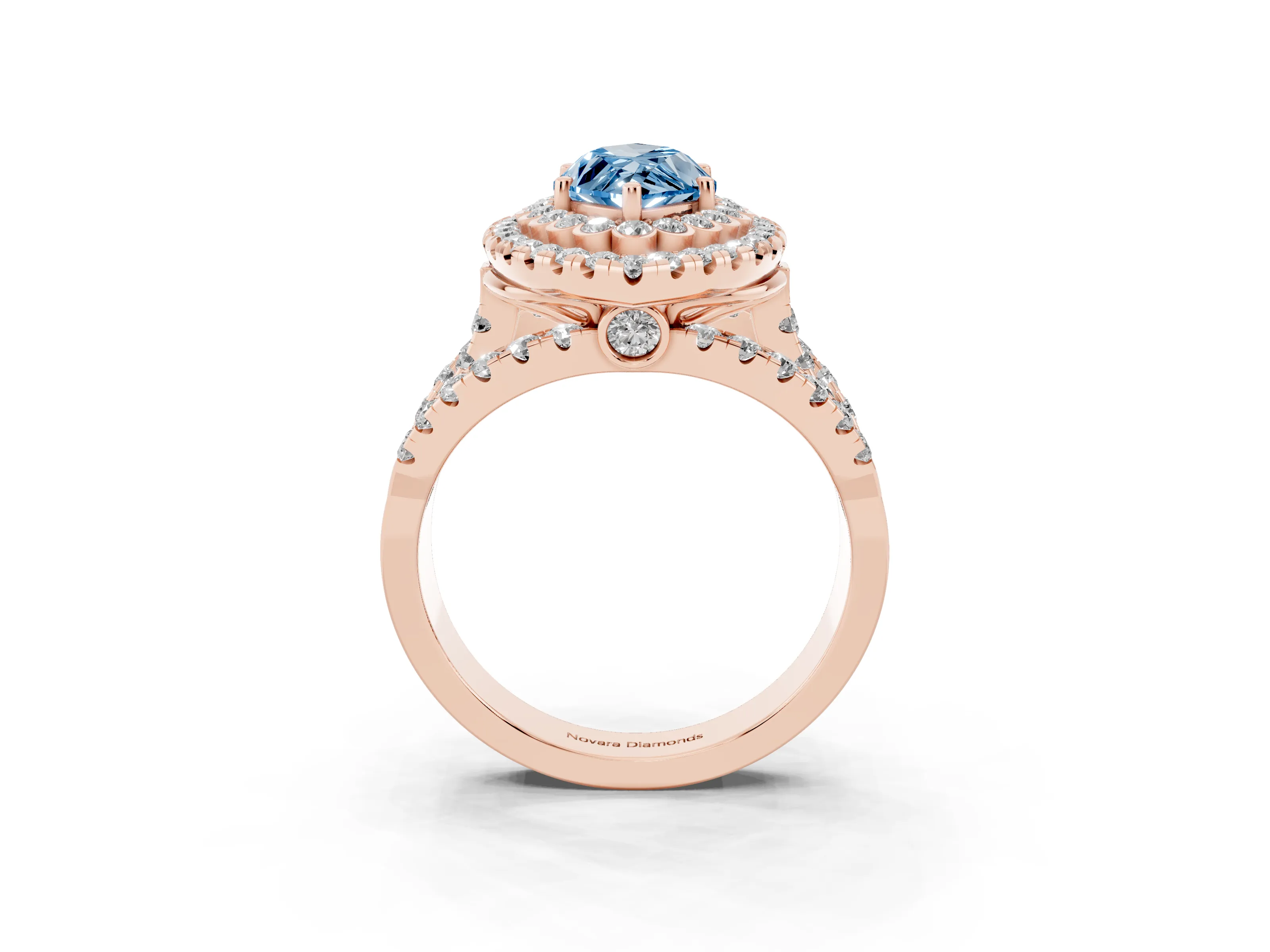 Fancy Blue Marquise Cut Diamond Double Halo Ring Set in Rose gold with Round Pavé Split Shank