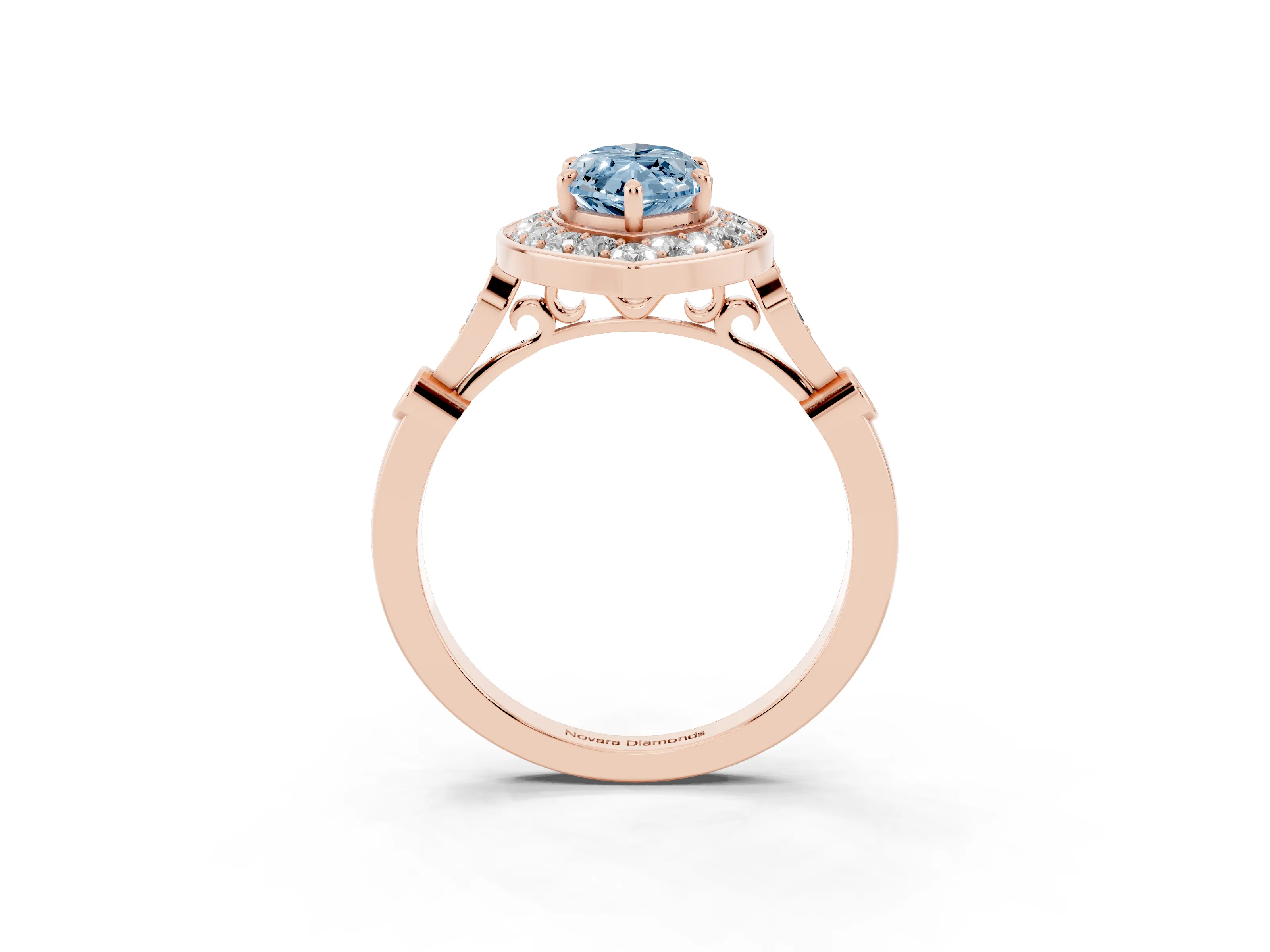 Fancy Blue Marquise Cut Diamond Halo Engagement Ring Set in Rose gold with Twisted Band and Prong Setting