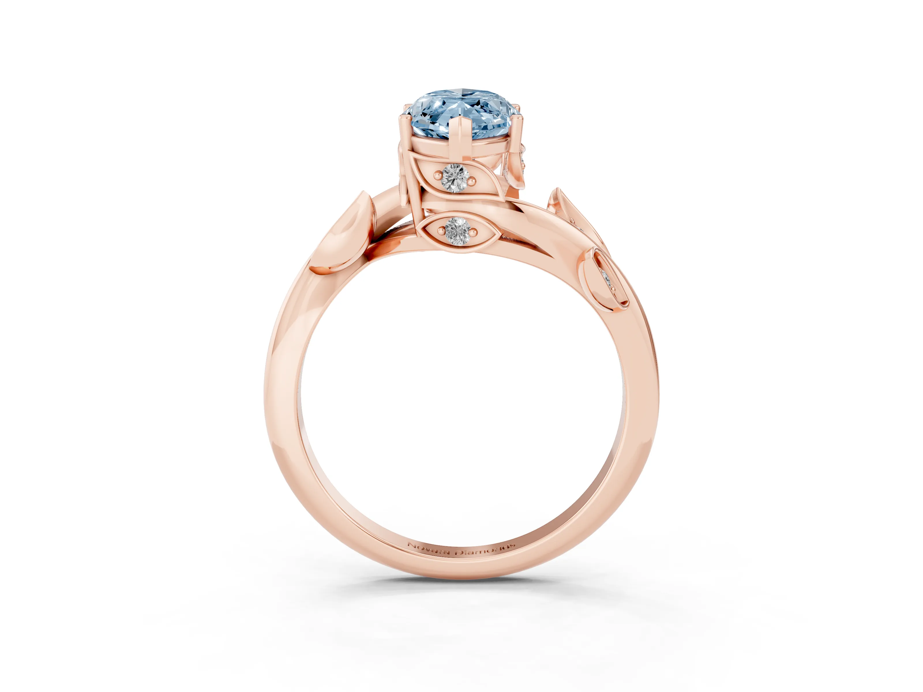 Fancy Blue Marquise Cut Diamond Solitaire Twist Engagement Ring Set in Rose gold with Pavé Leaf Accents