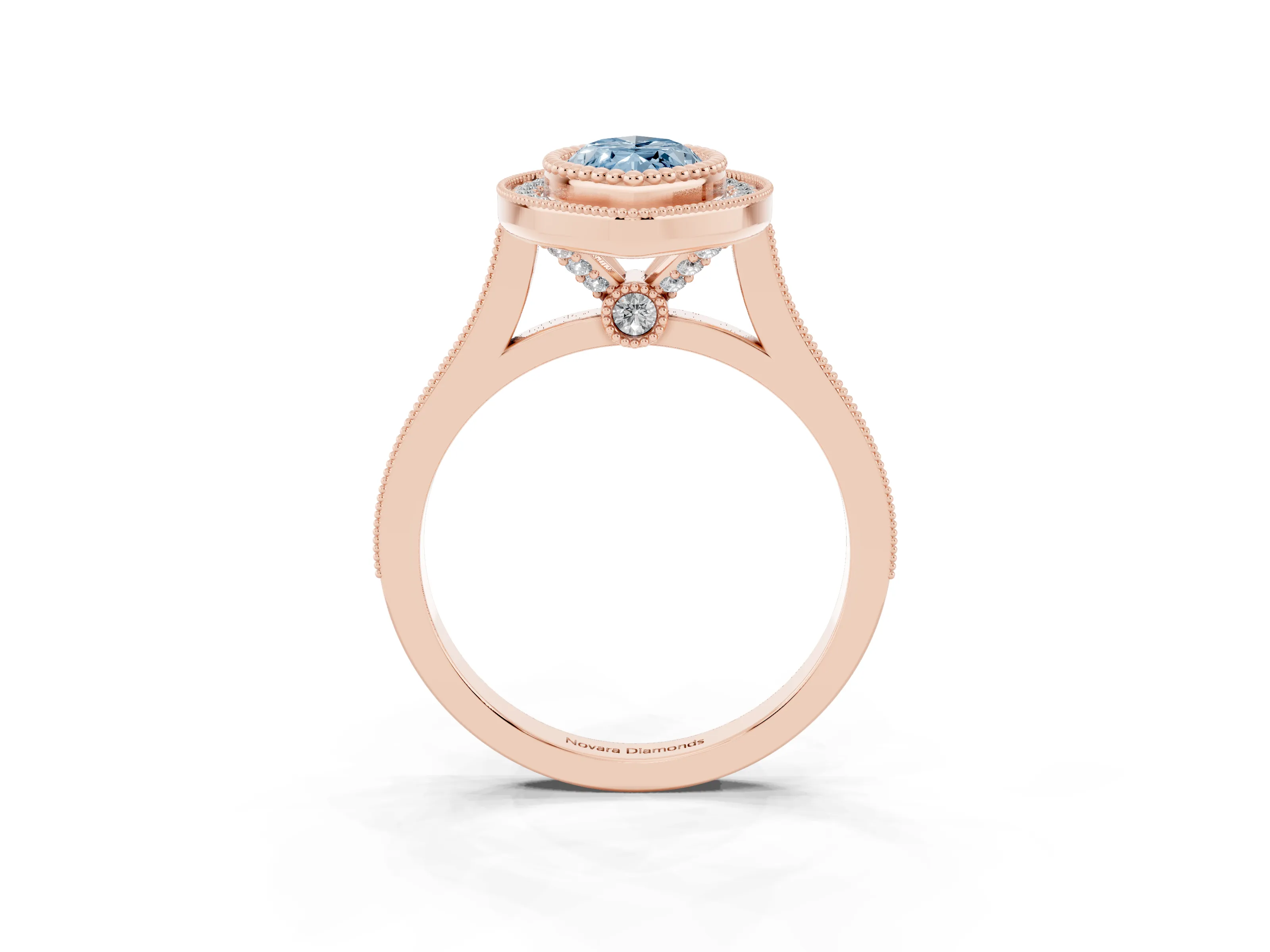 Fancy Blue Marquise Cut Diamond Halo Ring Set in Rose gold with Milgrain Frame and Pavé Band
