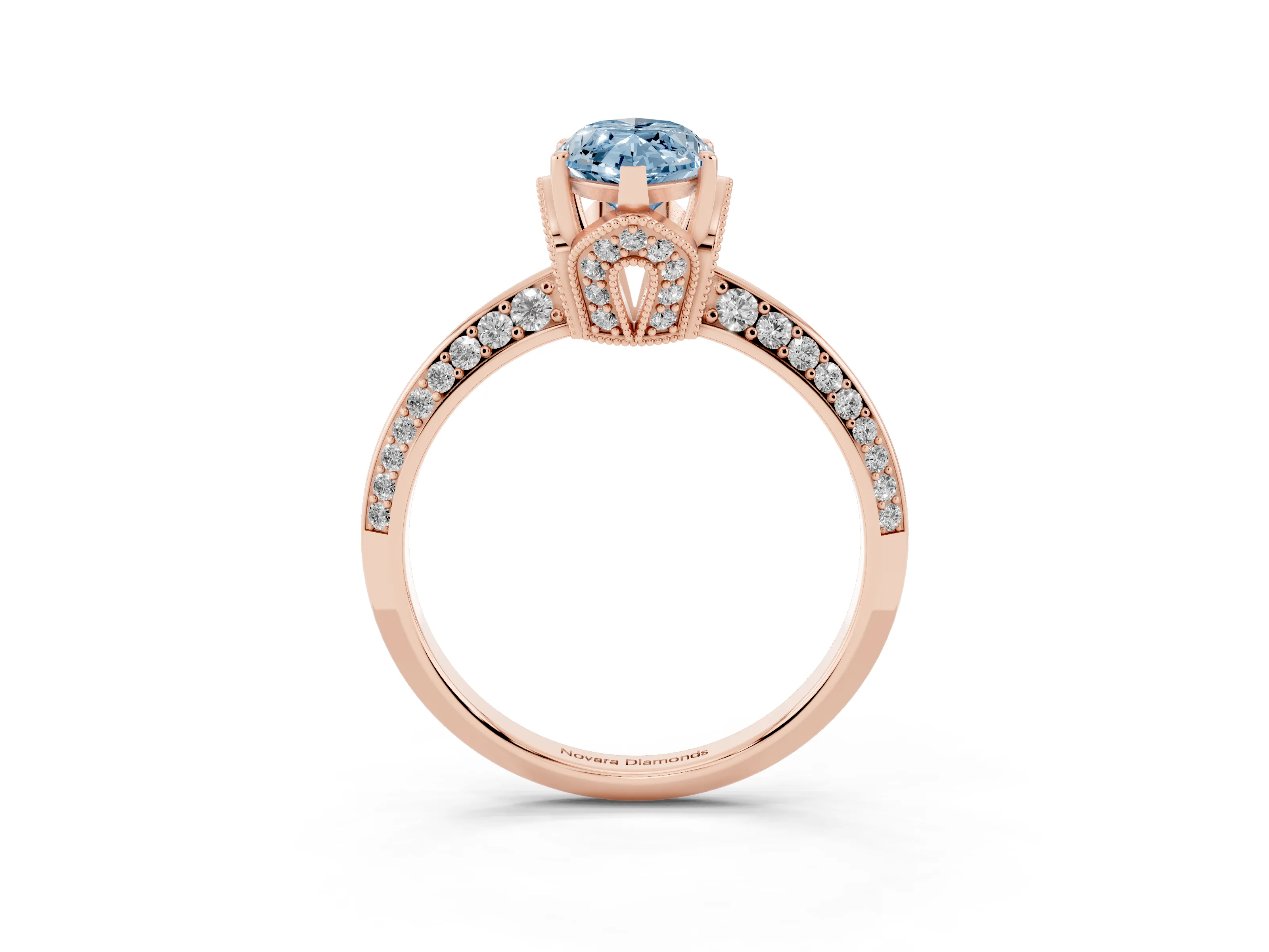 Fancy Blue Marquise Cut Diamond Solitaire Engagement Ring Set in Rose gold with Pavé Split Shank and Prong Setting