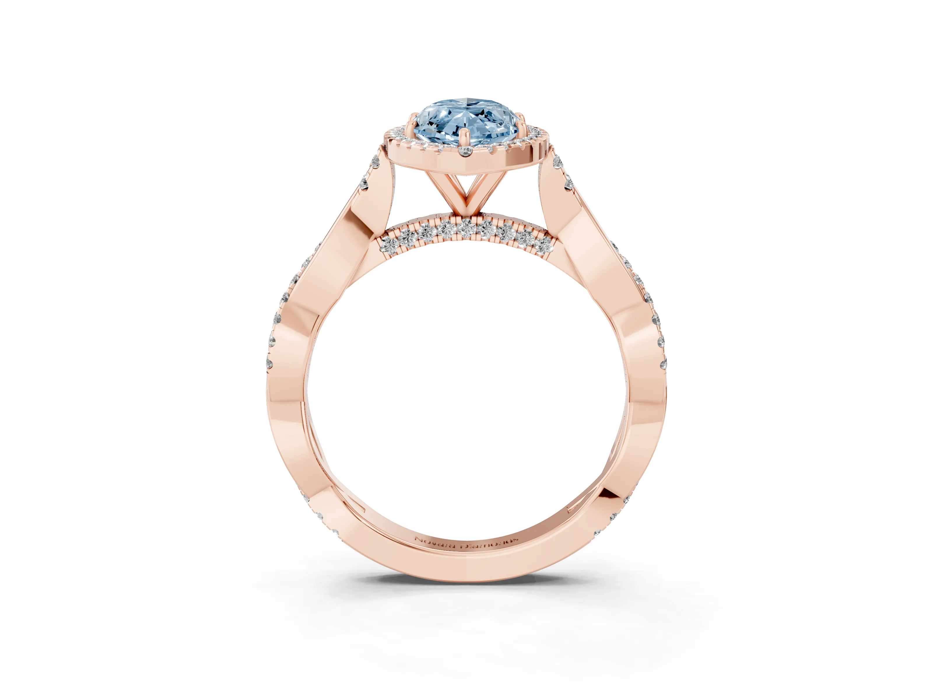 Fancy Blue Marquise Cut Diamond Halo Twist Band Solitaire Ring Set in Rose gold with Prong Setting