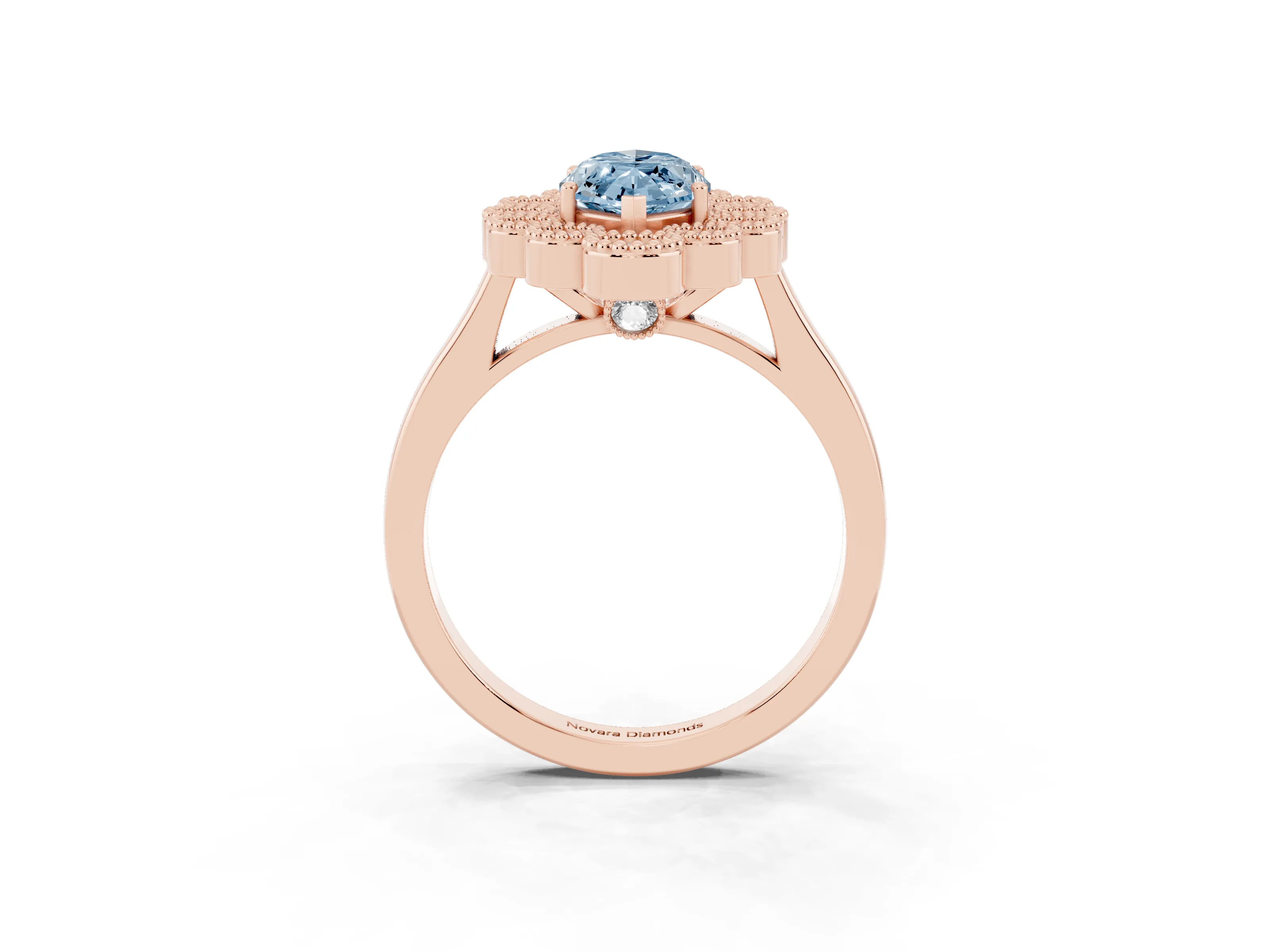 Fancy Blue Marquise Cut Diamond Cluster Halo Ring Set in Rose gold with Milgrain Bezel Accents and Plain Band