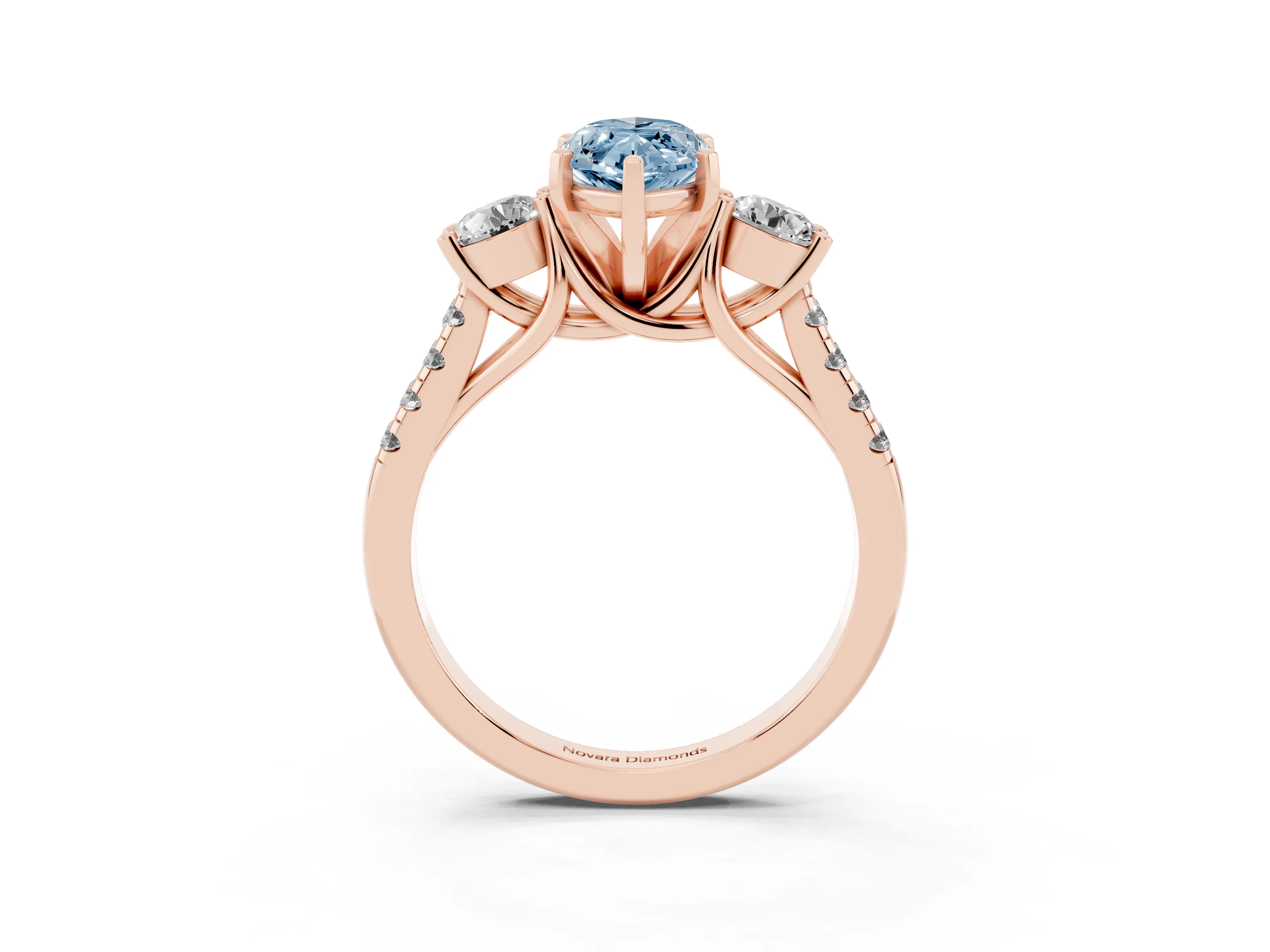 Fancy Blue Three-Stone Marquise Cut Diamond Pavé Band Ring Set in Rose gold with Prong-Set Trio