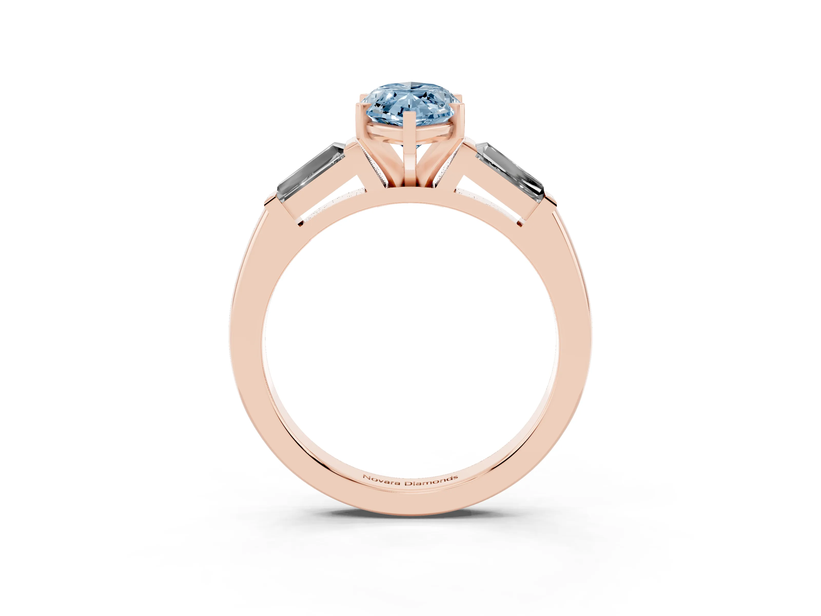 Fancy Blue Marquise Cut Diamond Solitaire Ring Set in Rose gold with Tapered Baguette Side Stones and Prong Setting