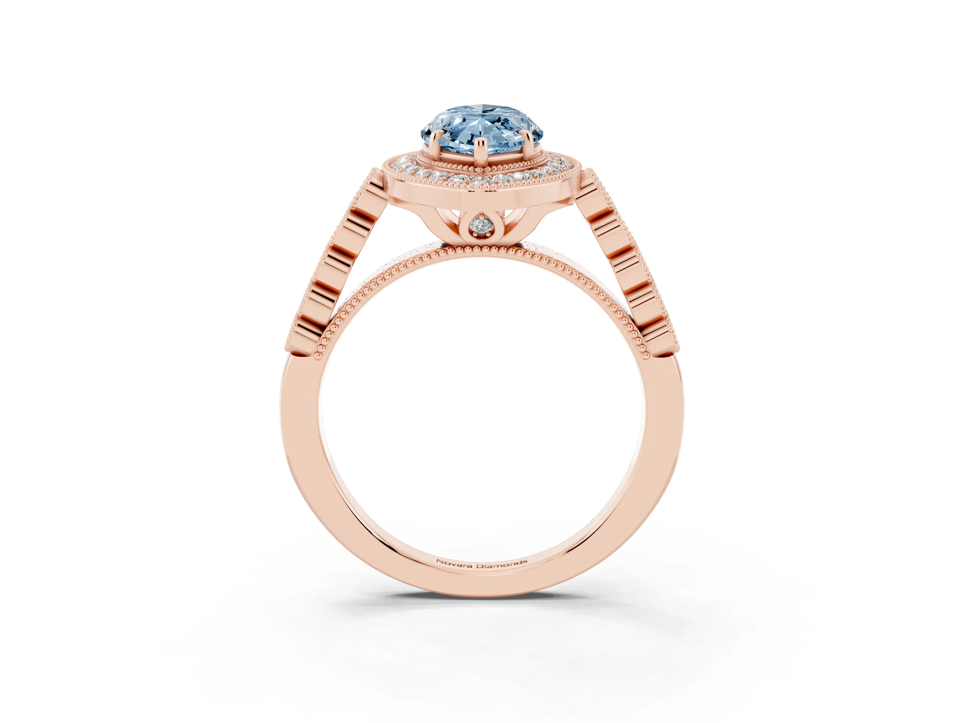 Fancy Blue Marquise Cut Diamond Milgrain Halo Solitaire Ring Set in Rose gold with Bezel Set Side Stones and Pavé Band