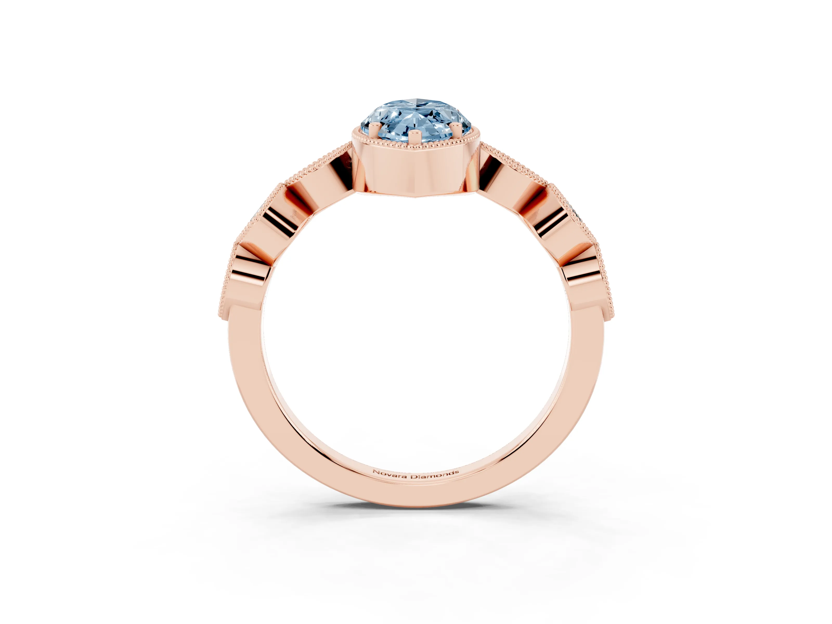 Fancy Blue Marquise Cut Diamond Vintage-Inspired Milgrain Ring Set in Rose gold with Marquise Stations of Round Accents