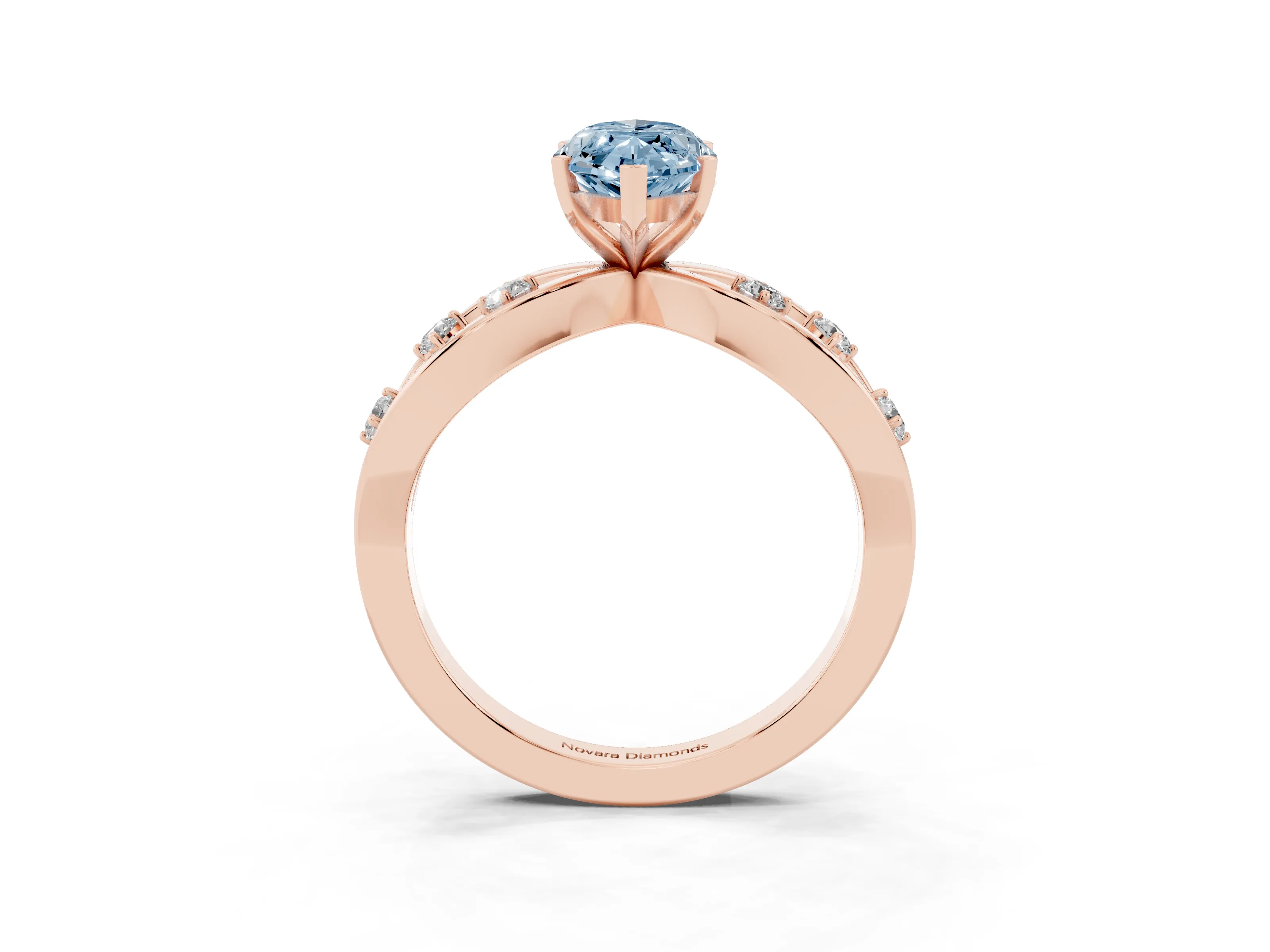 Fancy Blue Marquise Cut Diamond Solitaire Ring Set in Rose gold with Side Stones on Criss-Cross Band and Prong Setting