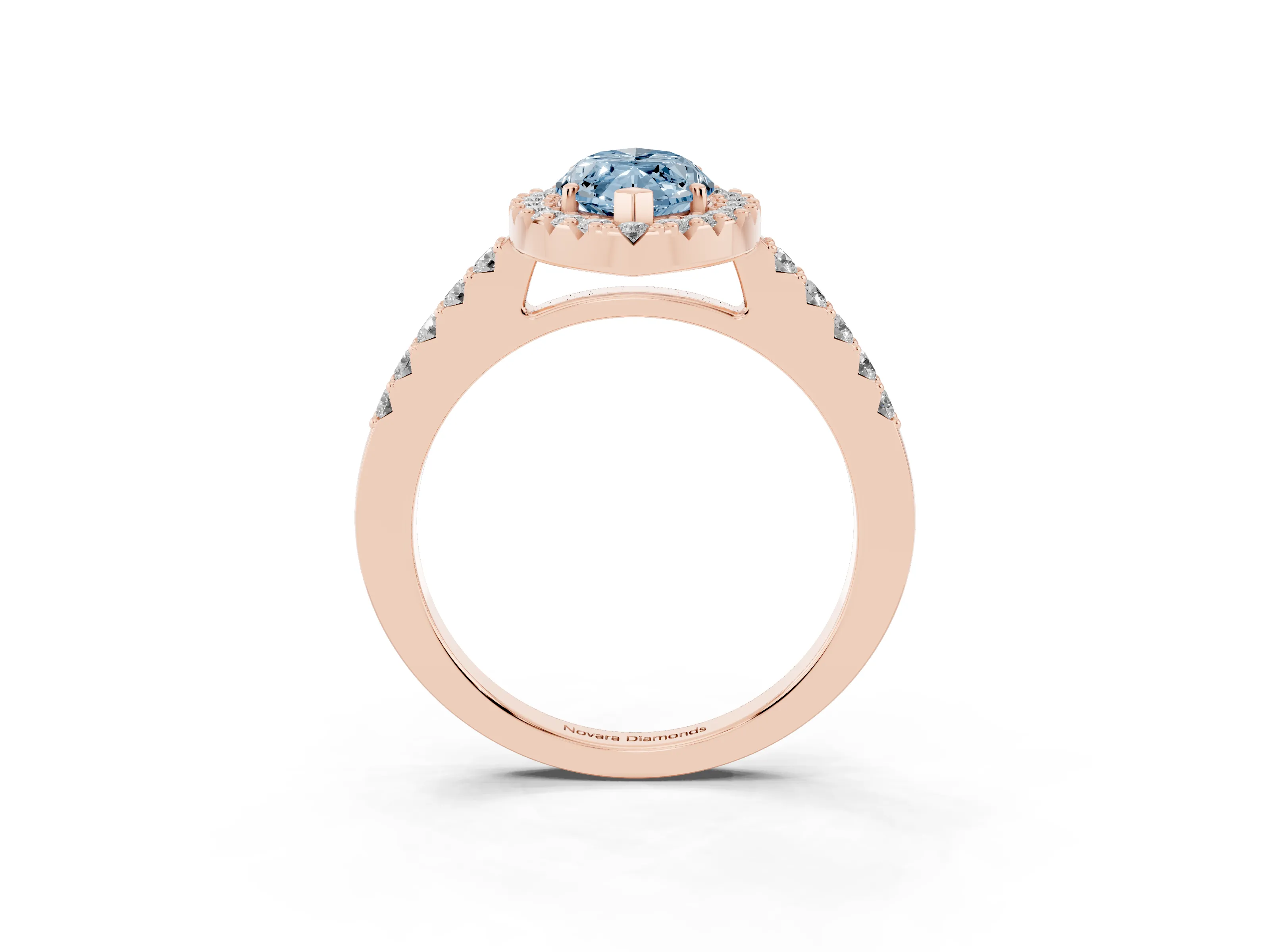 Fancy Blue Marquise Cut Diamond Halo Pavé Solitaire Ring Set in Rose gold with Prong-Set Center Stone