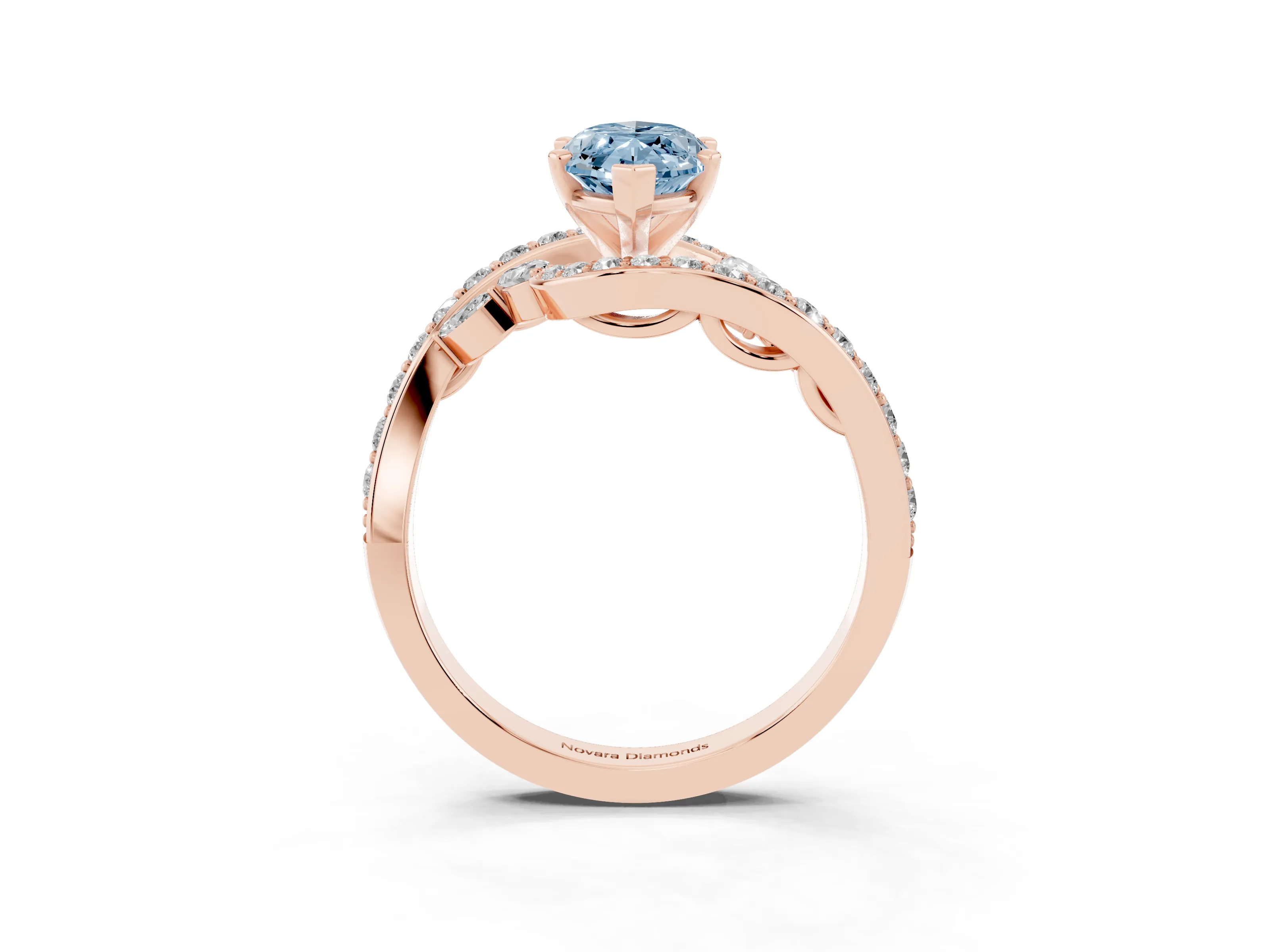 Fancy Blue Marquise Cut Diamond Solitaire Ring Set in Rose gold with Pavé Twist Band and Secure Prong Setting
