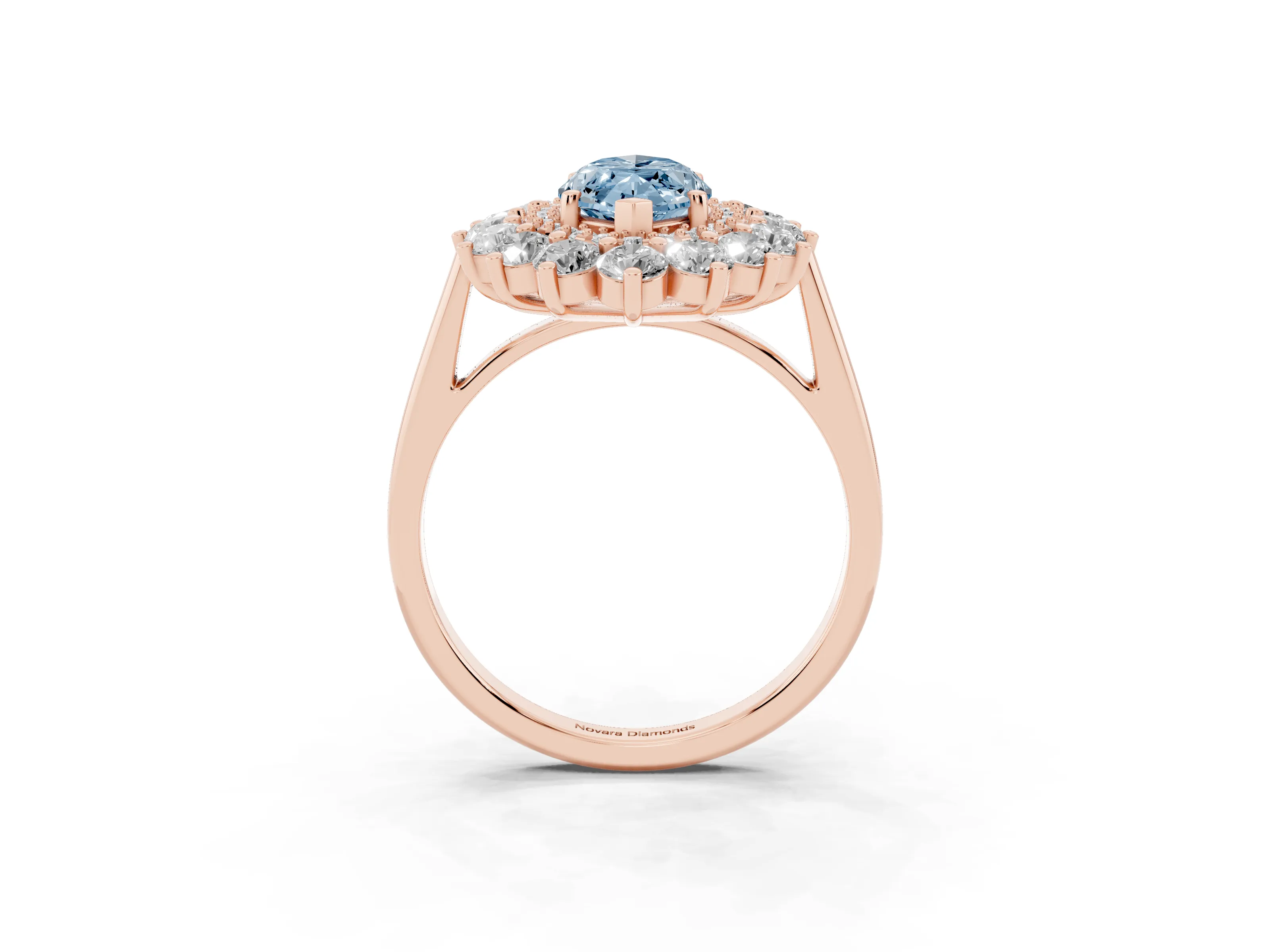 Fancy Blue Marquise Cut Diamond Floral Double Halo Ring Set in Rose gold with Round Petals
