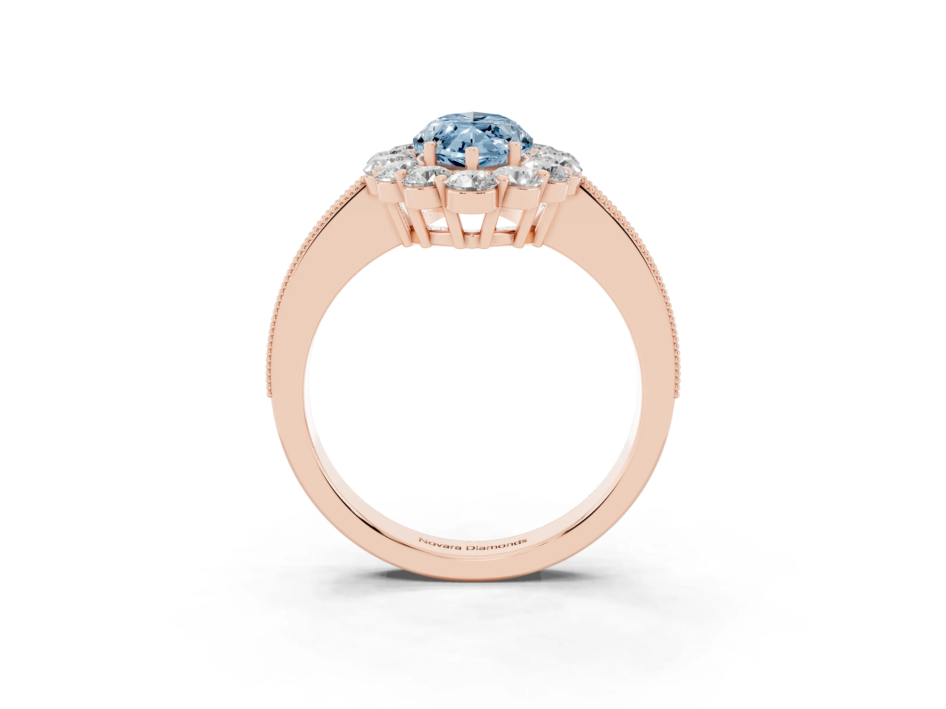Fancy Blue Marquise Cut Diamond Halo Pavé Engagement Ring Set in Rose gold with Milgrain Detailing