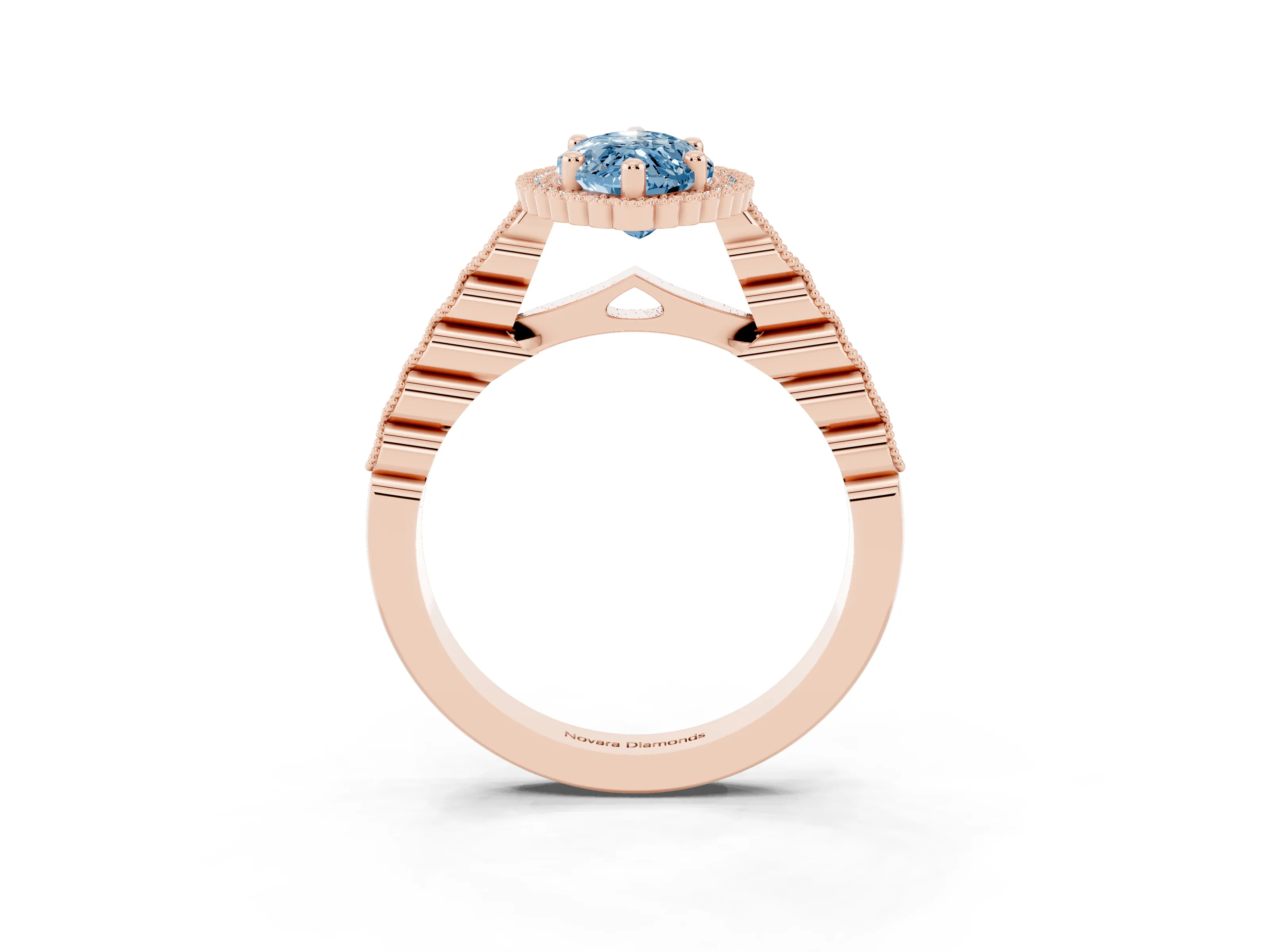 Fancy Blue Marquise Cut Diamond Halo Ring Set in Rose gold with Pavé Milgrain Band