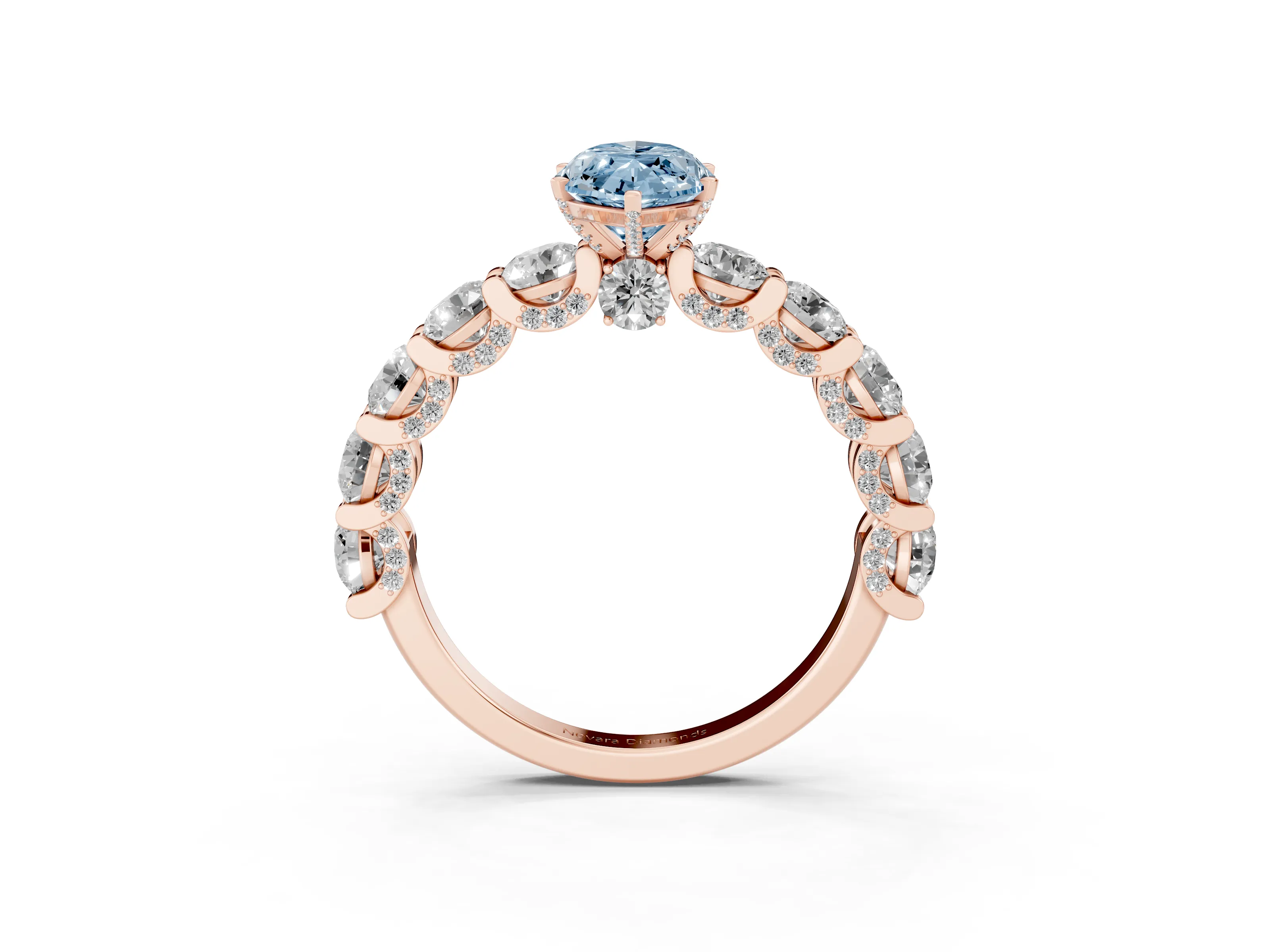 Fancy Blue Marquise Cut Diamond Side Stone Ring Set in Rose gold with Alternating Round and Oval Side Stones