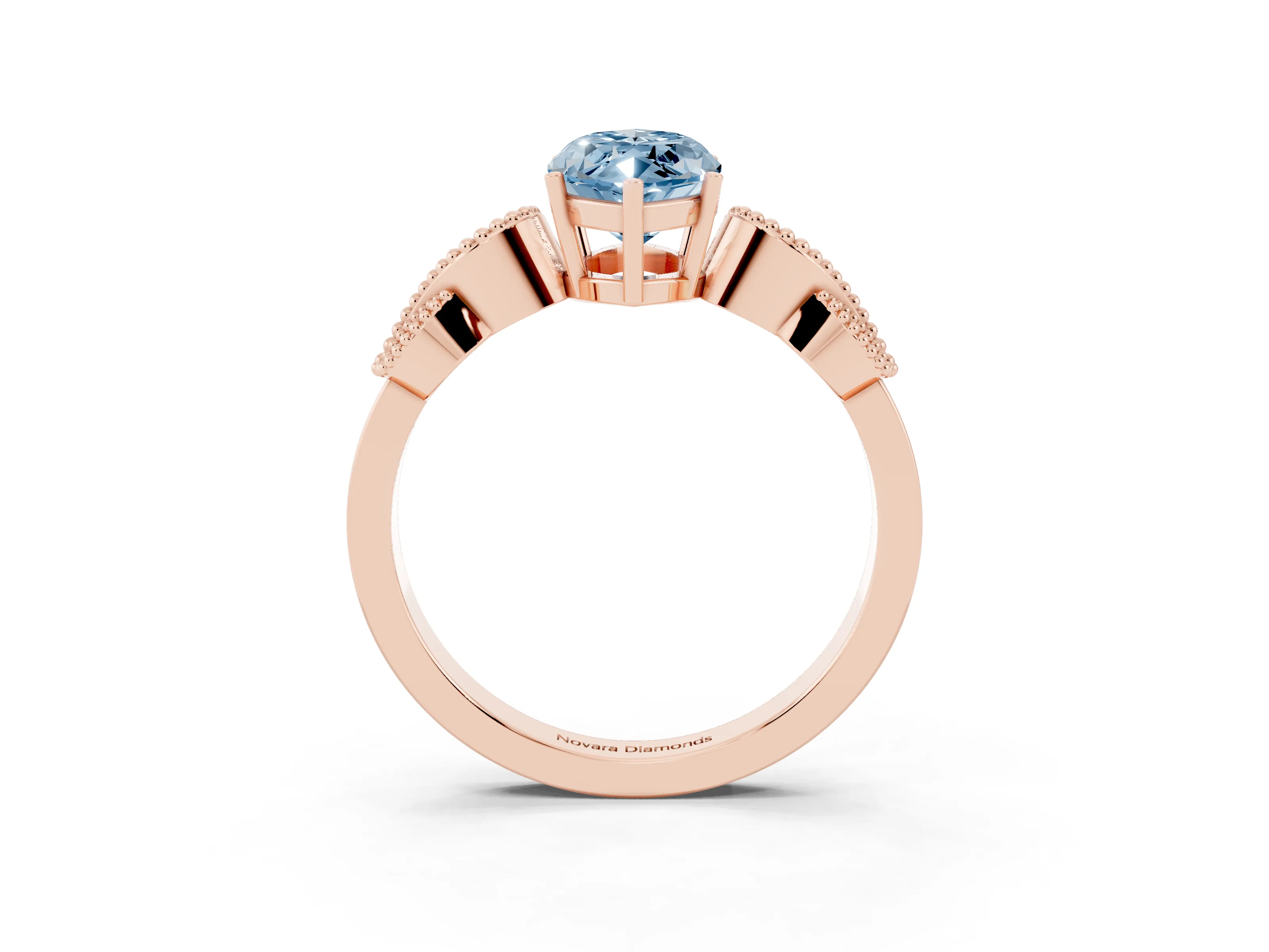 Fancy Blue Marquise Cut Diamond Milgrain Leaf Band Solitaire Ring Set in Rose gold with Accent Stones and Prong Setting