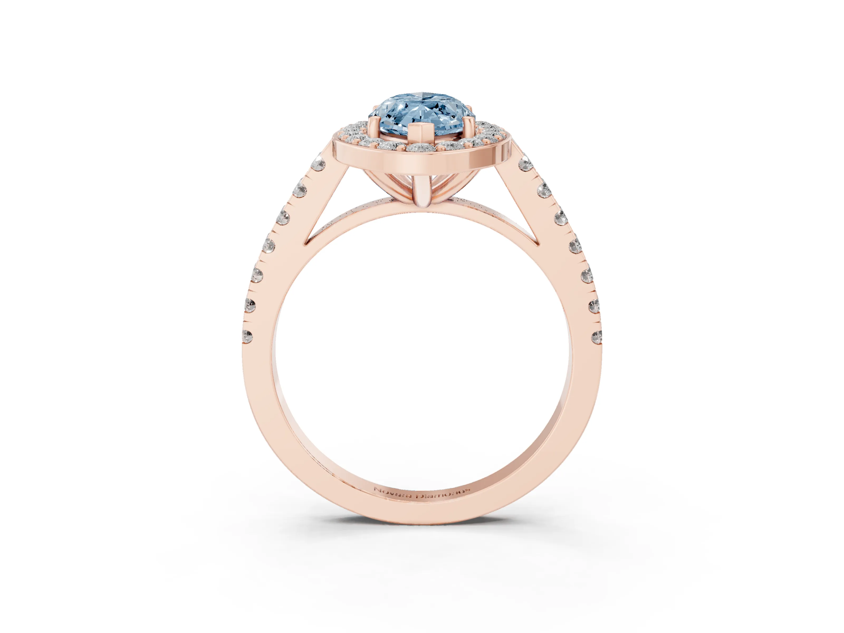 Fancy Blue Marquise Cut Diamond Halo Ring Set in Rose gold with Round Pavé Split Shank and Prong Setting